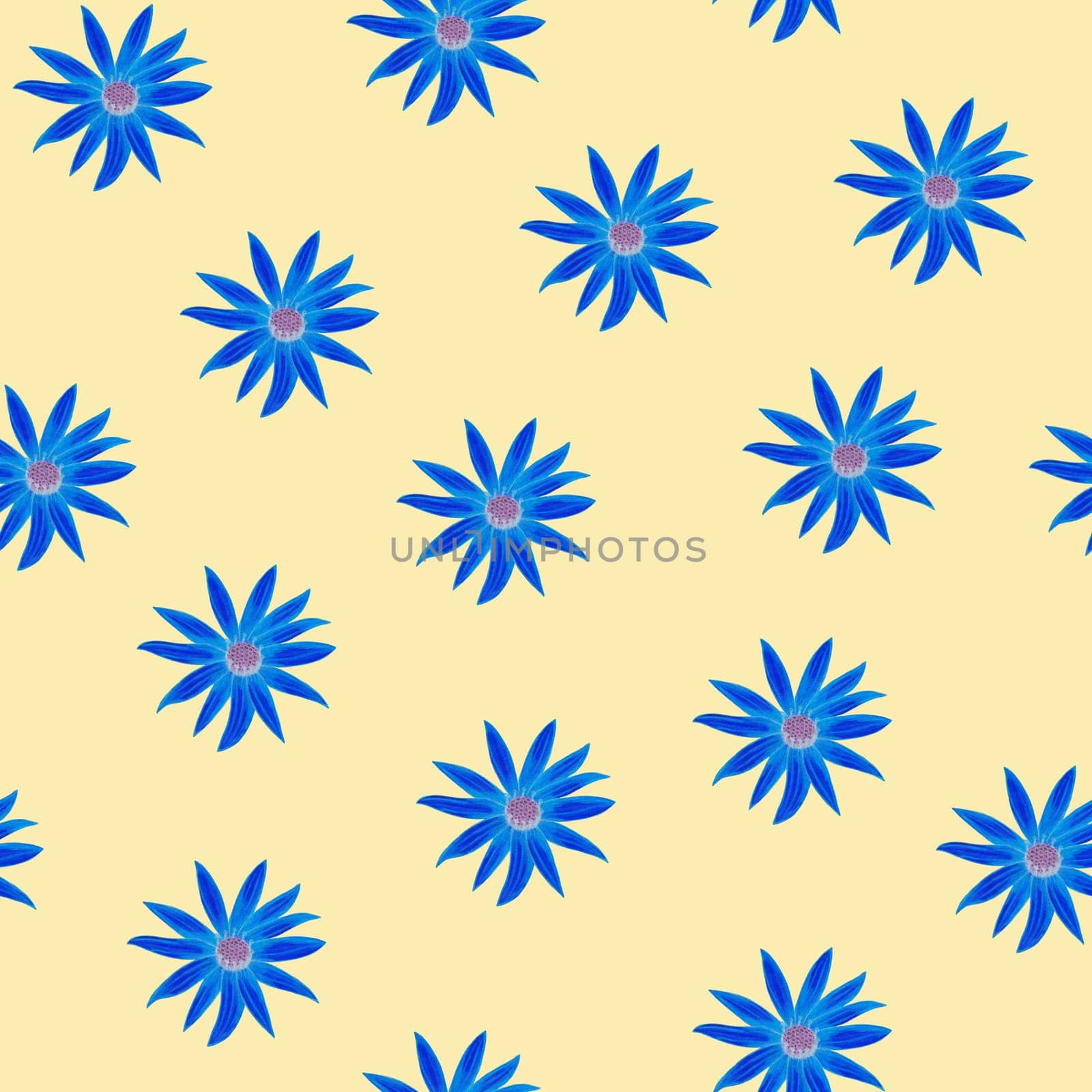 Daisy Blue Flower Seamless Pattern. Hand Drawn Floral Digital Paper on Light Yellow Background.