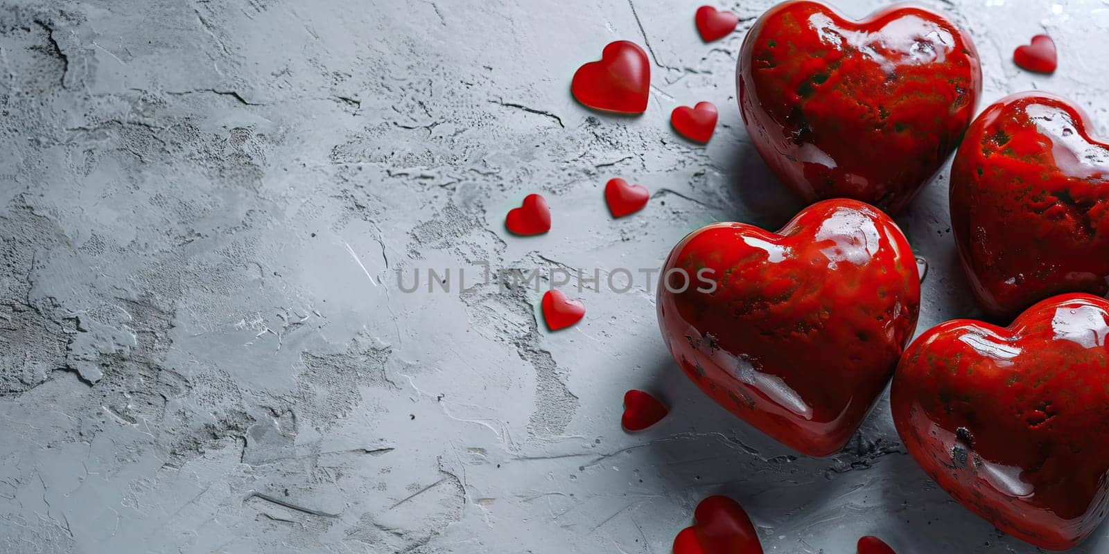 Valentines day background. Red hearts on concrete background. Copy space. by ailike