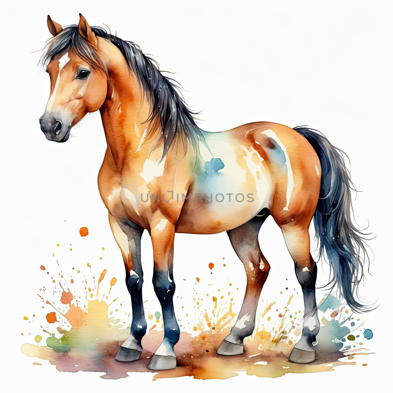 Horse in watercolor style, isolated on white background with splash, Running watercolor brown horse. Watercolor horse. High quality photo