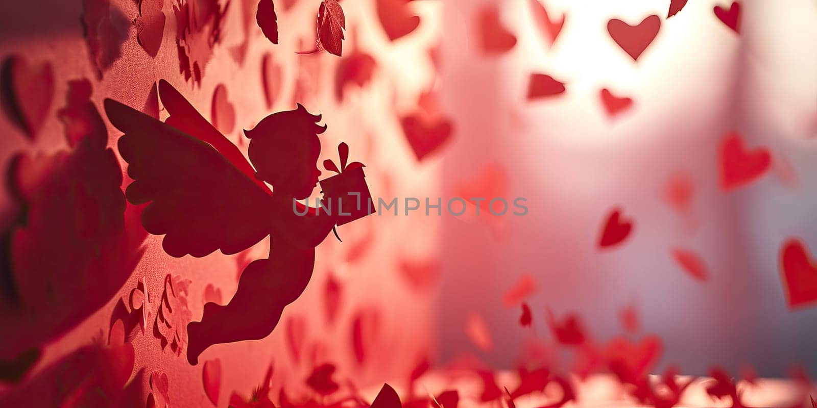 Valentines day background with red paper hearts and cupid angel. by ailike