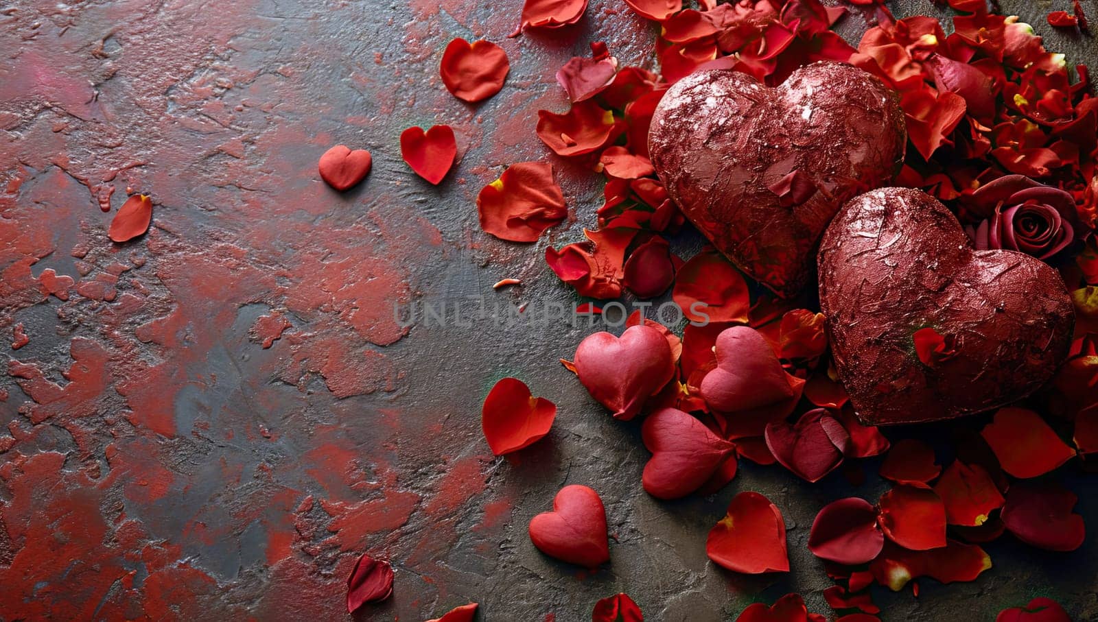 Valentines day background with red hearts and rose petals.