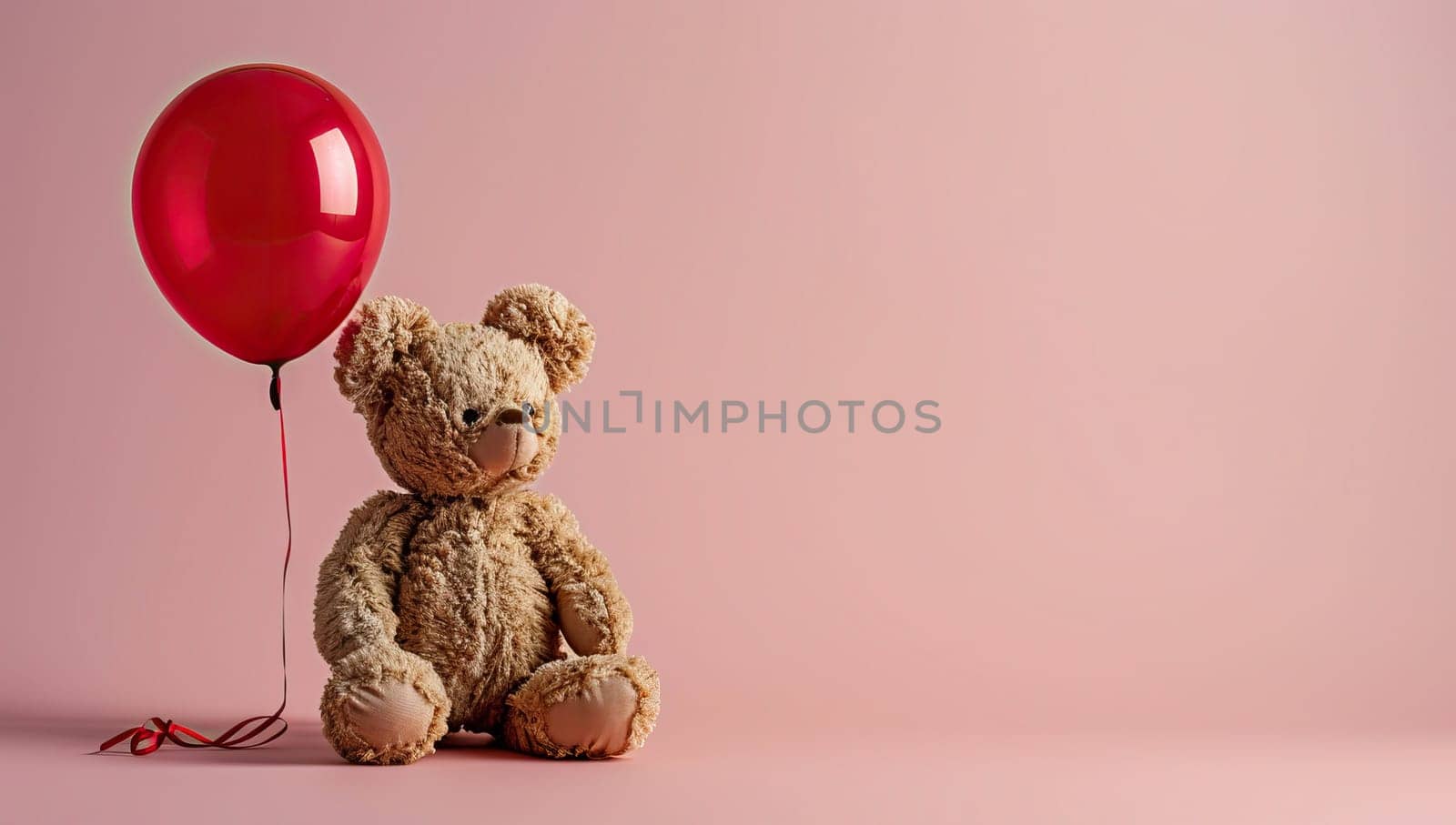 Teddy bear with red balloon on pink background