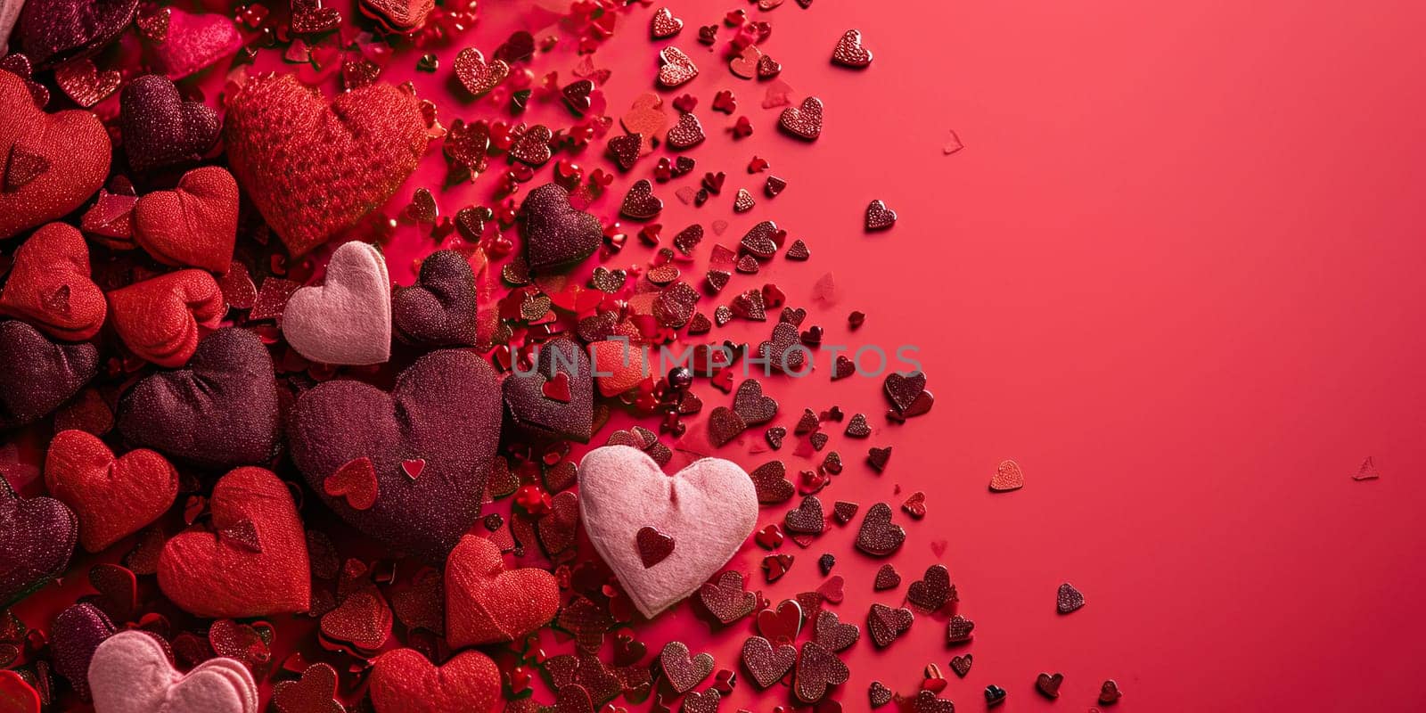 Valentine's day background with red hearts and confetti on red background by ailike