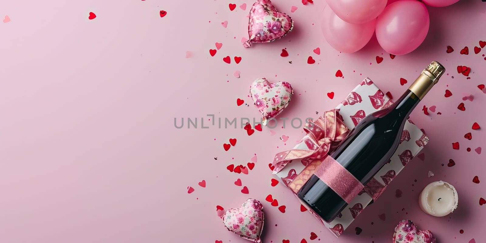 Valentine's day background with champagne bottle, gift box and pink hearts on pink background by ailike