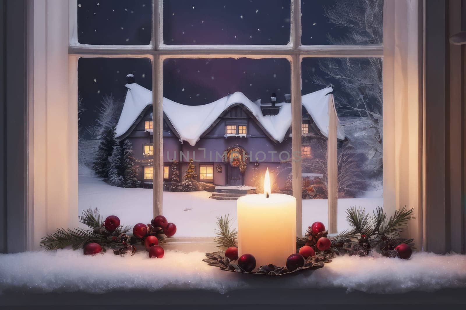 Winter landscape outside the window. Evening time. Cozy Christmas atmosphere with candles