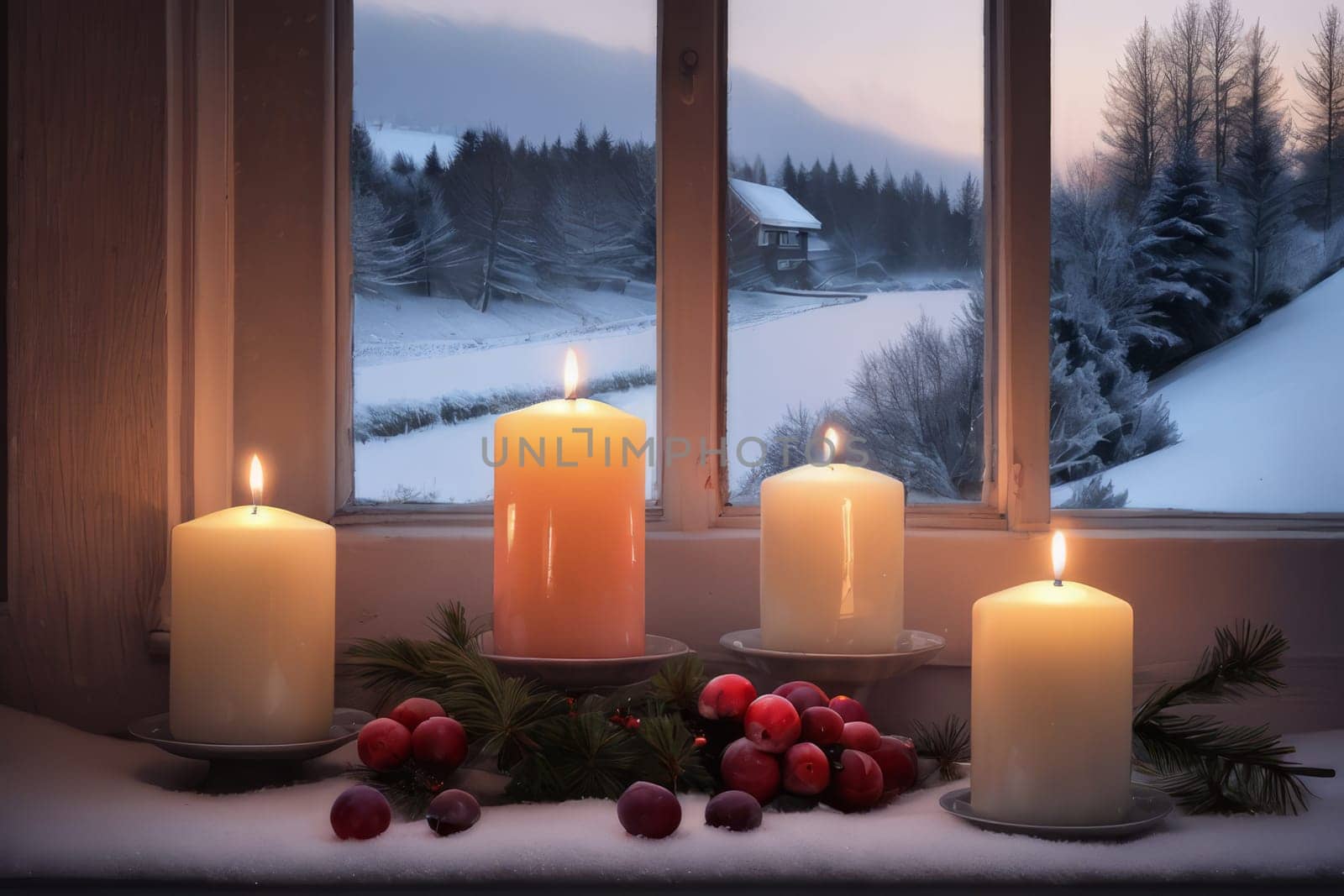 Winter landscape outside the window. Evening time. Cozy Christmas atmosphere with candles