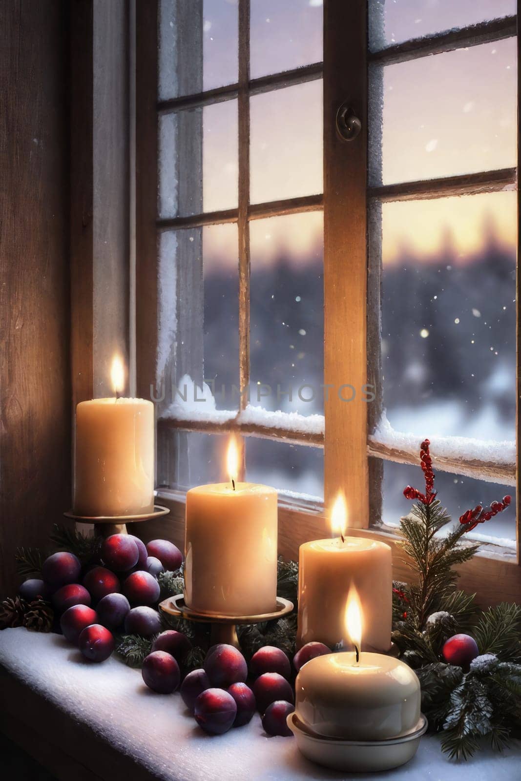 Winter landscape outside the window. Evening time. Cozy Christmas atmosphere with candles