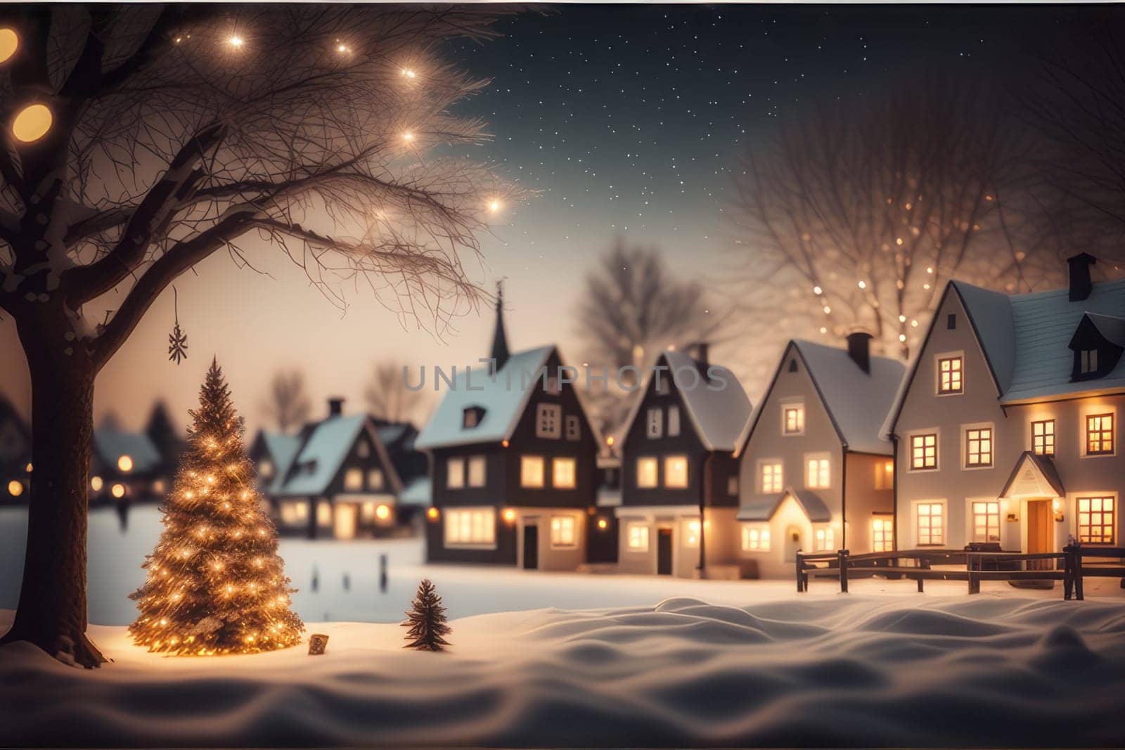 Christmas tree on snowy streets. Winter landscape of a small town decorated for Christmas and New Year