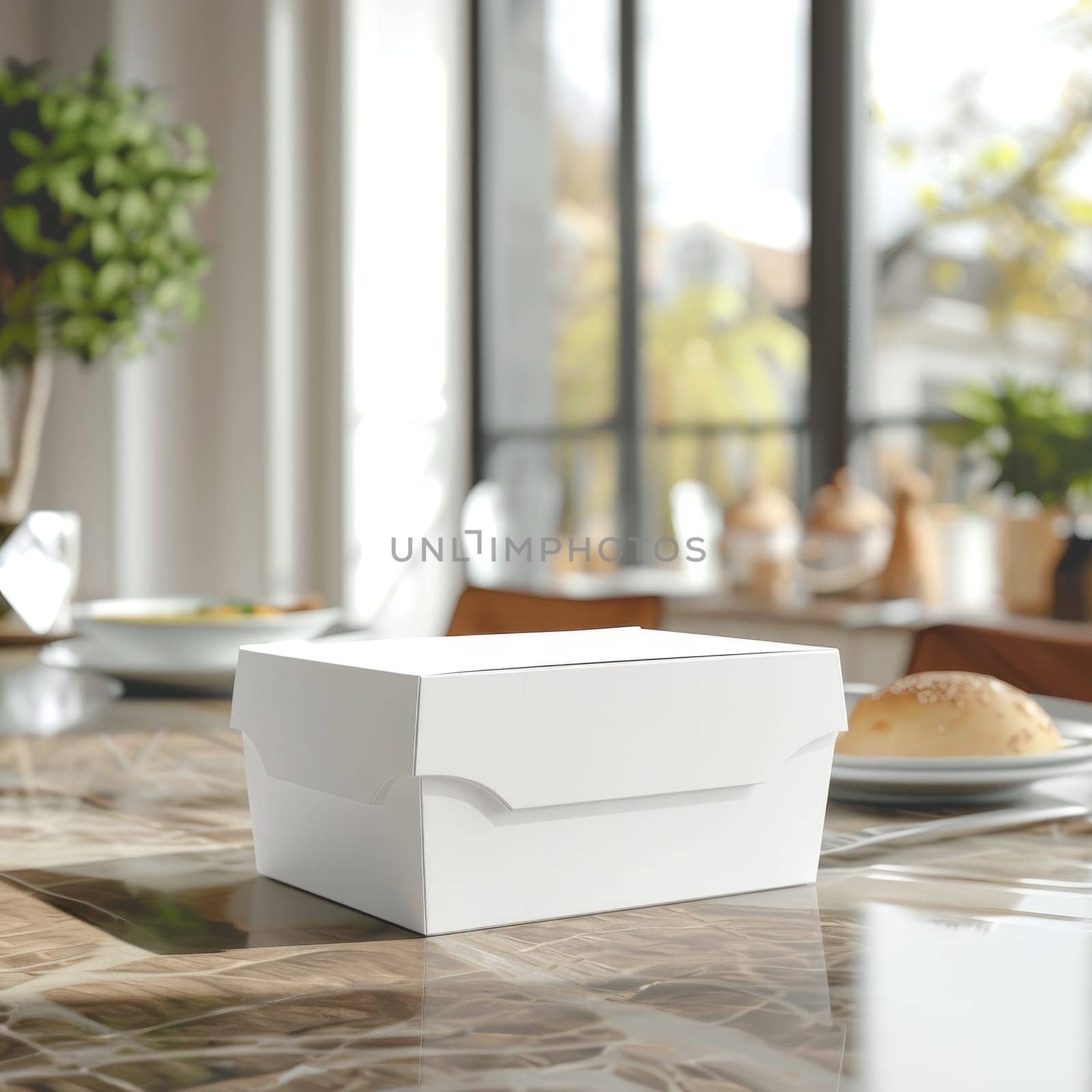 Mockup of a white paper food box placed on the dining table