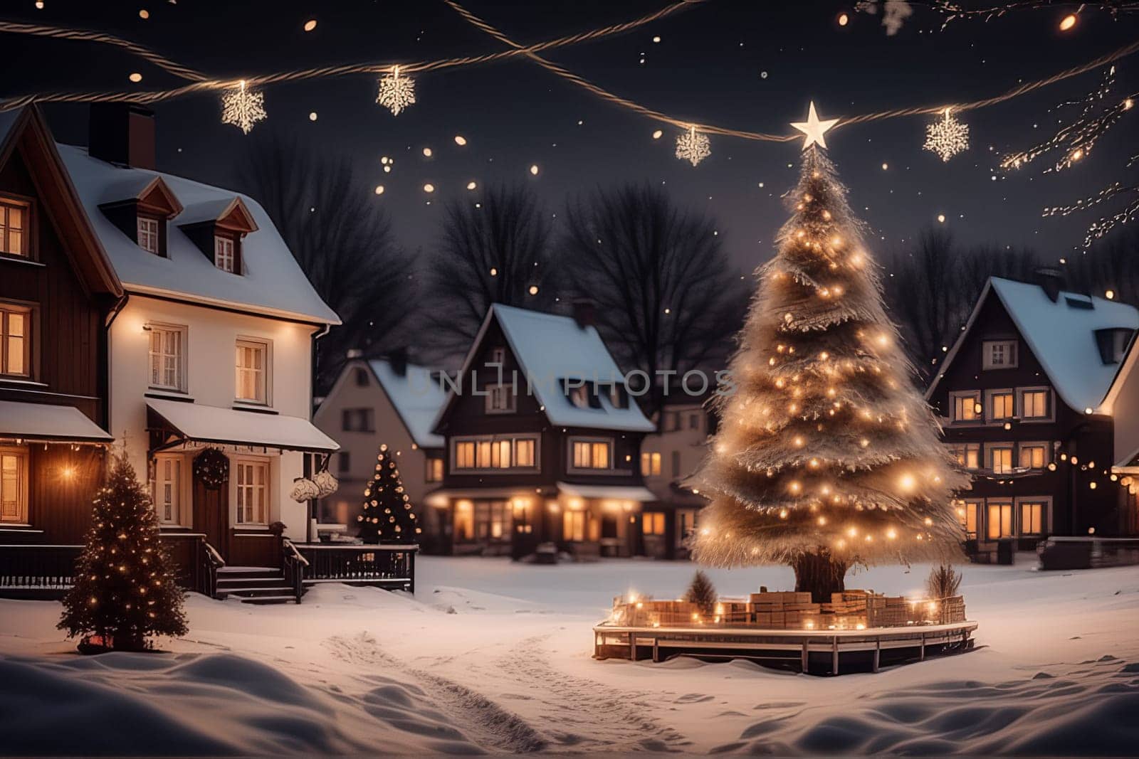 Christmas tree on snowy streets. Winter landscape of a small town decorated for Christmas and New Year