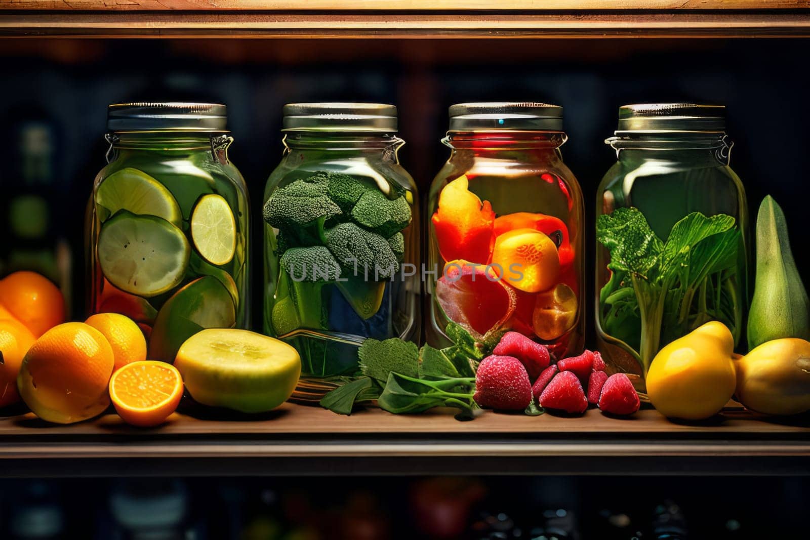 Abundance of farm-fresh organic greens and fruits complemented by a variety of preserved goods showcased in the supermarket aisles