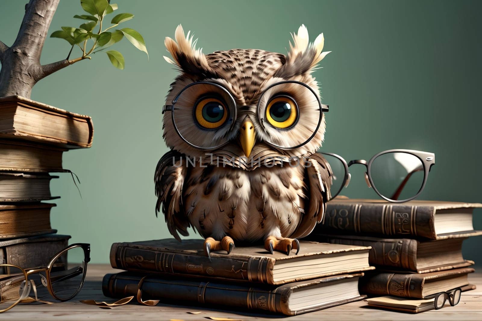 cute owl in glasses with books .