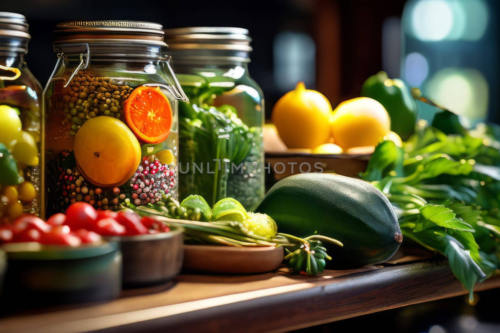 Farm-fresh organic bounty and an assortment of jars filled with delights, tastefully presented on supermarket shelves