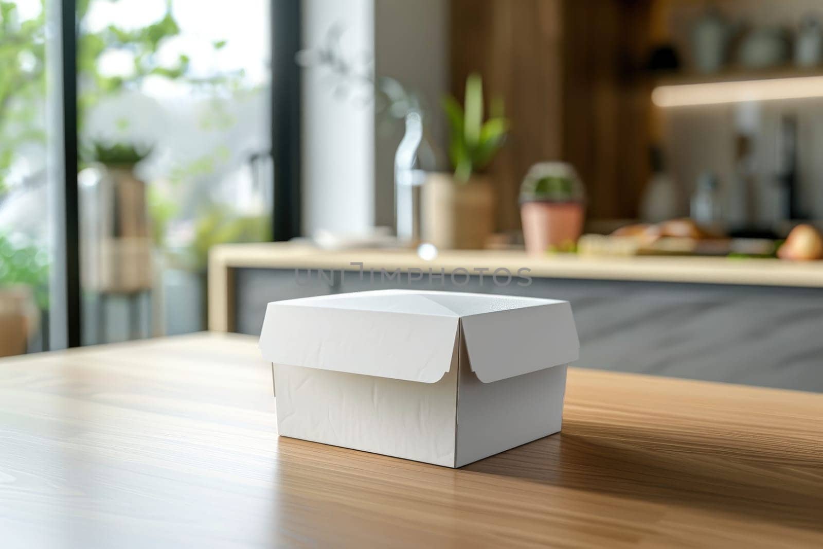 Mockup of a white paper food box placed on the dining table