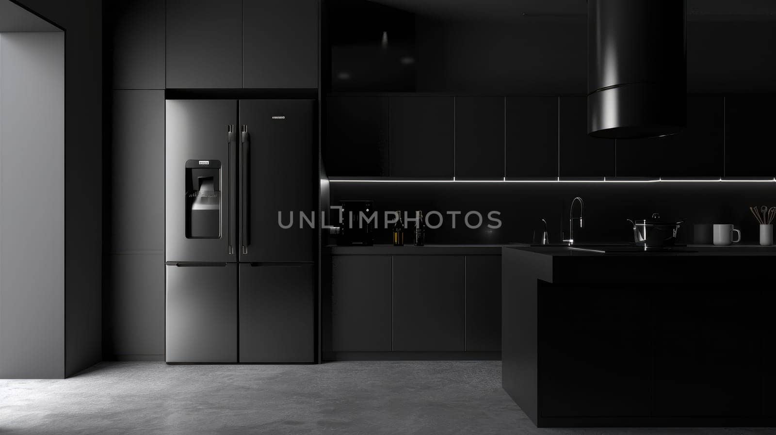 Modern Industrial Kitchen with Black Refrigerator and Concrete Wall