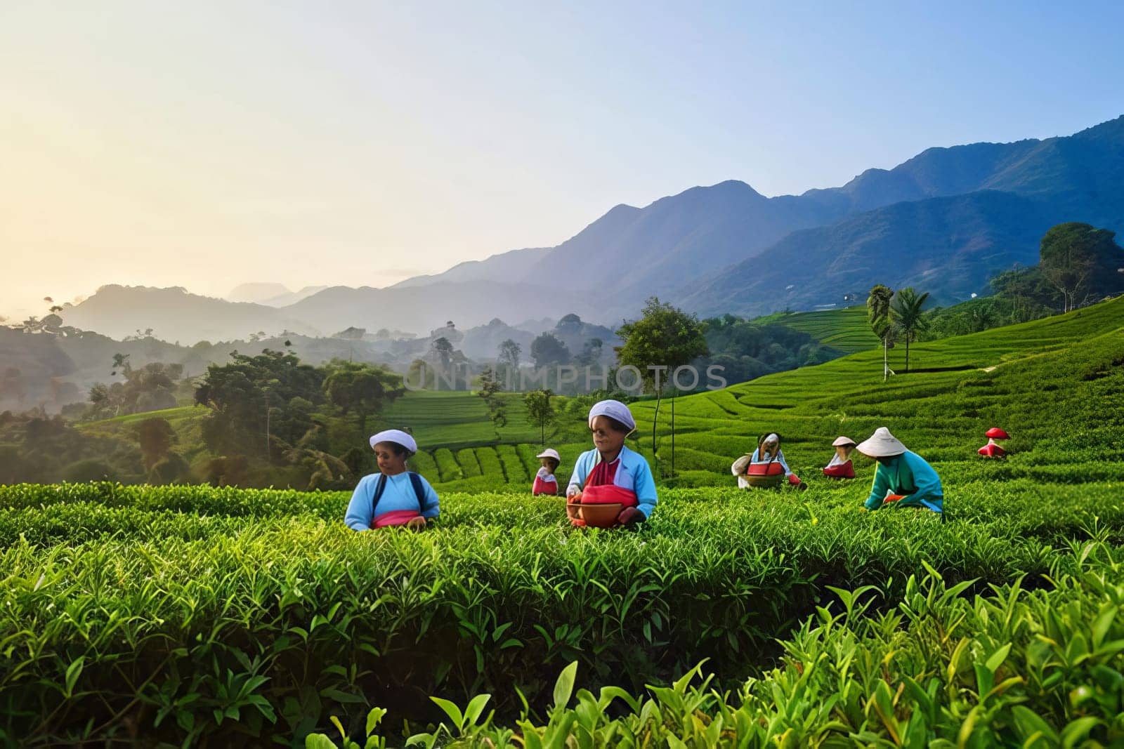 Delight in the peaceful ambiance of traditional tea-picking in lush green terraces at sunrise, radiating with the gentle glow of the early sun