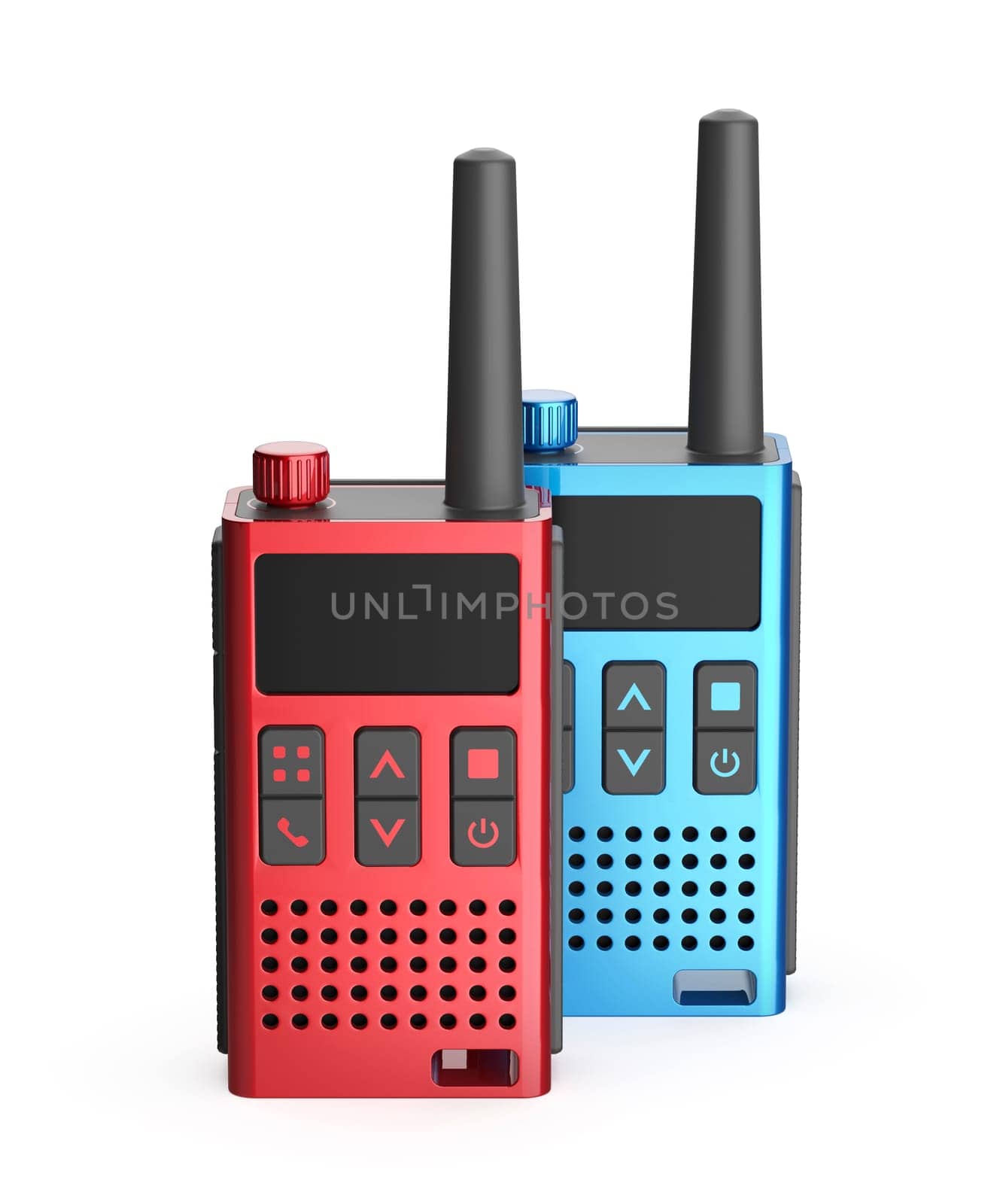Set of two walkie talkies on white background, front view