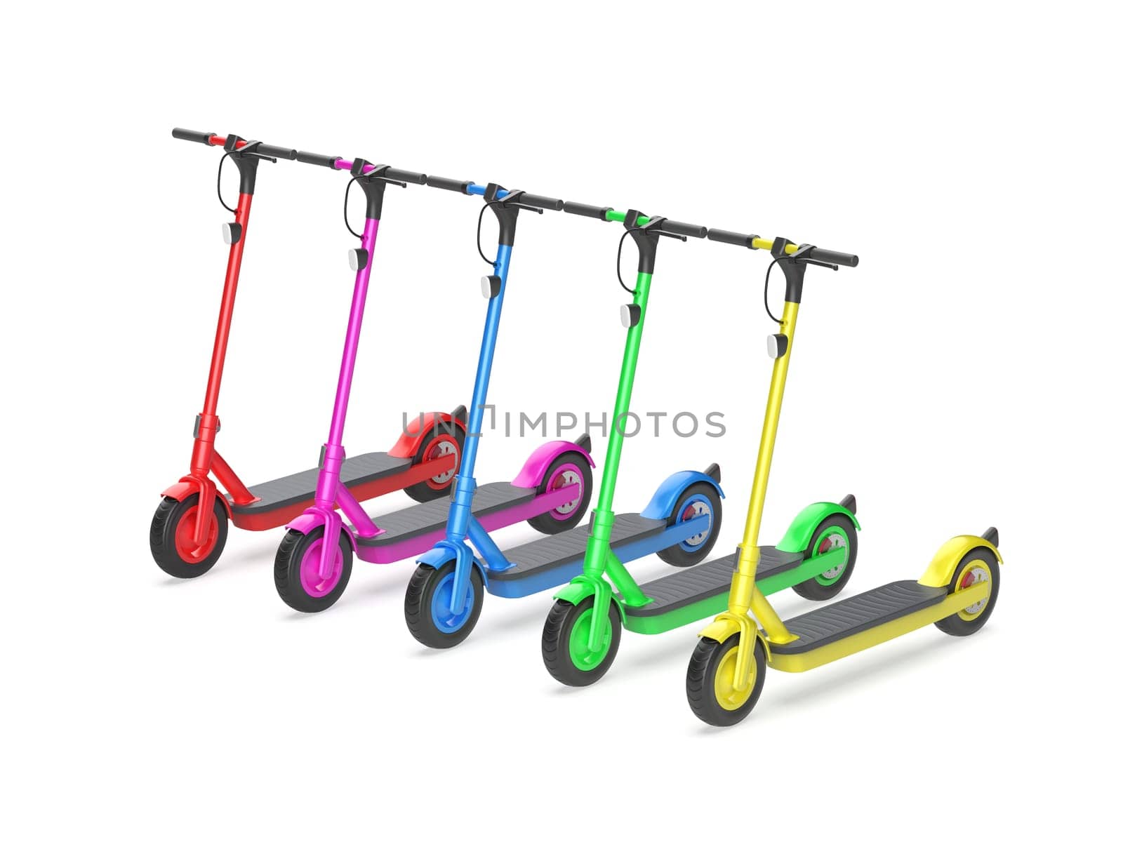 Row with five electric scooters with different colors on white background