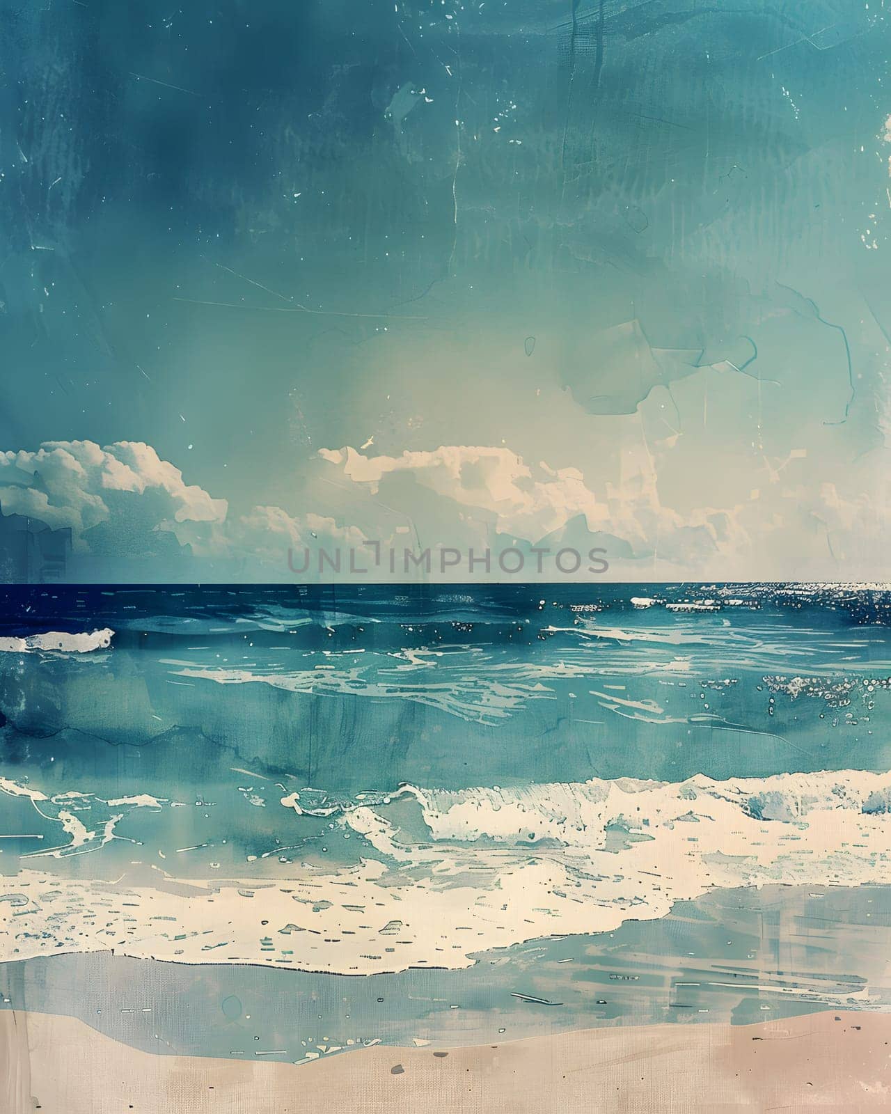 A coastal natural landscape featuring a beach with waves crashing onto the shore under a blue sky with fluffy cumulus clouds over the horizon