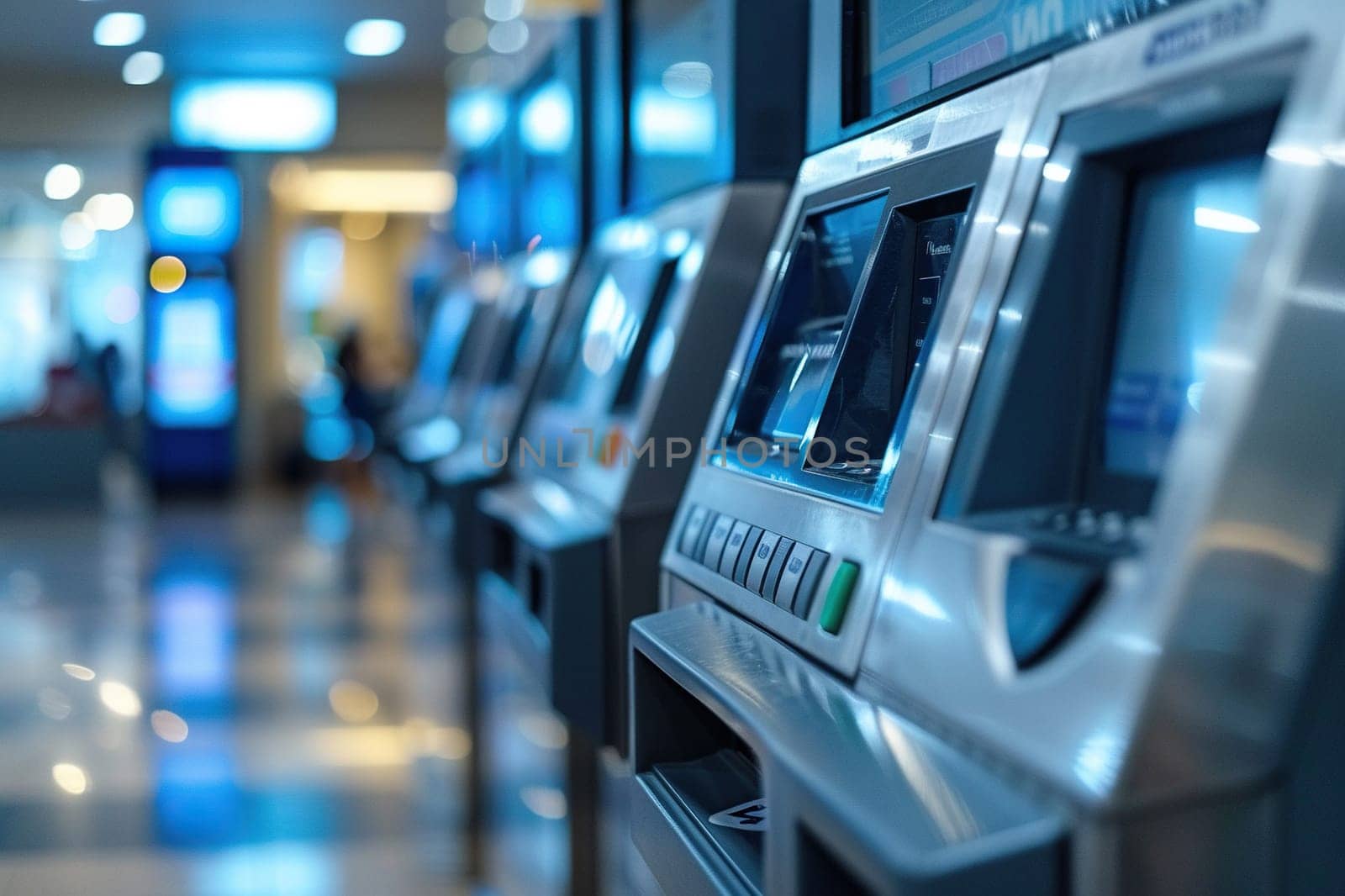 A row of ATMs in a station or airport building.