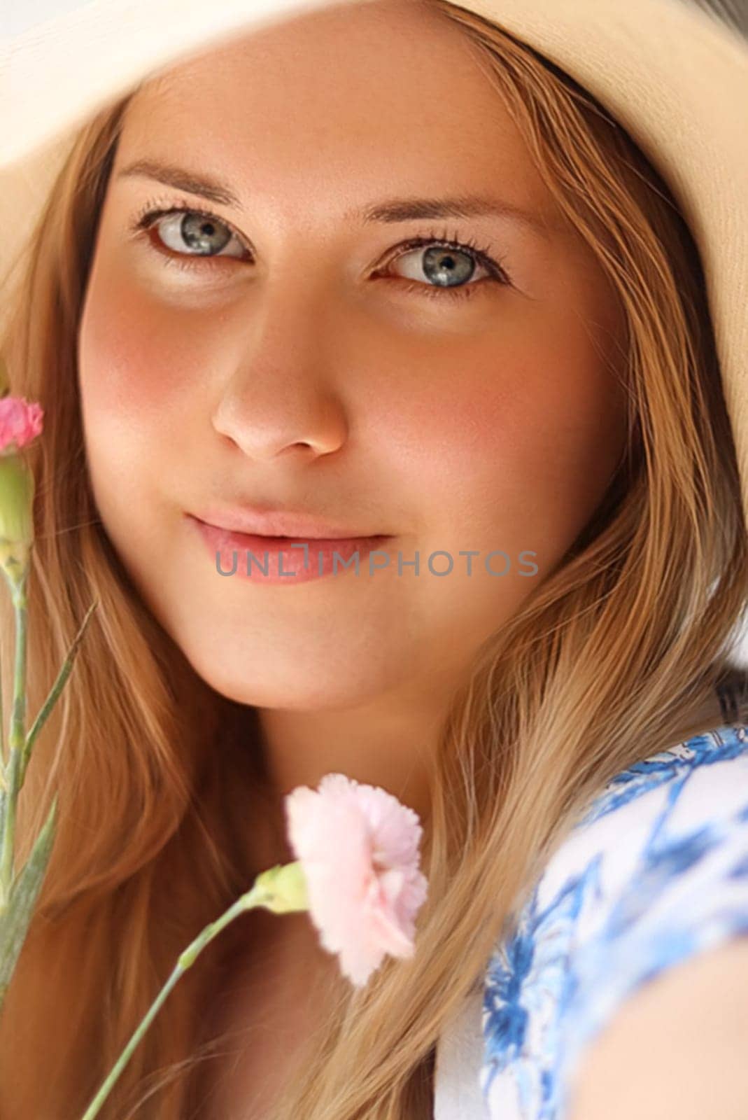 Beauty, summer and skincare, beautiful woman in hat with flower as cosmetics, wellness and lifestyle fashion portrait