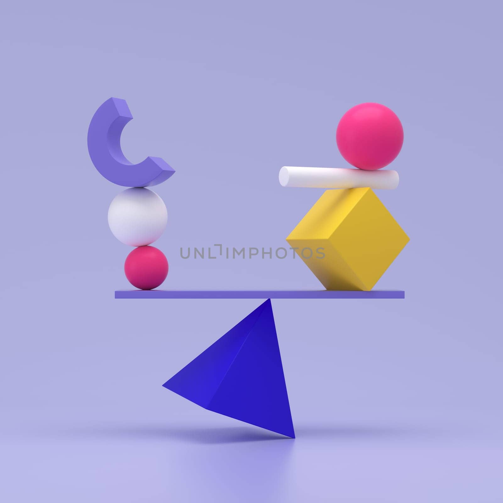 Various geometric shapes balancing on top of pyramid. Extreme balance concept. 3D rendering.
