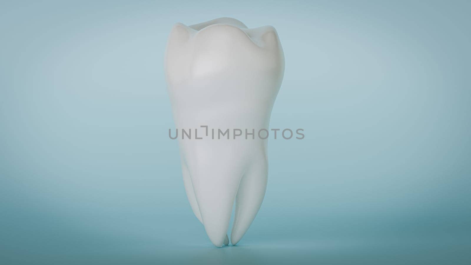 A 3D rendering of a single tooth standing upright on a reflective blue surface with a soft blue background.