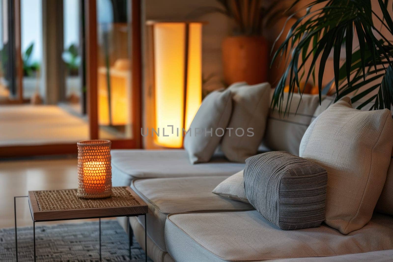 a cozy interior adorned with minimalist decor, featuring soft lighting, neutral tones