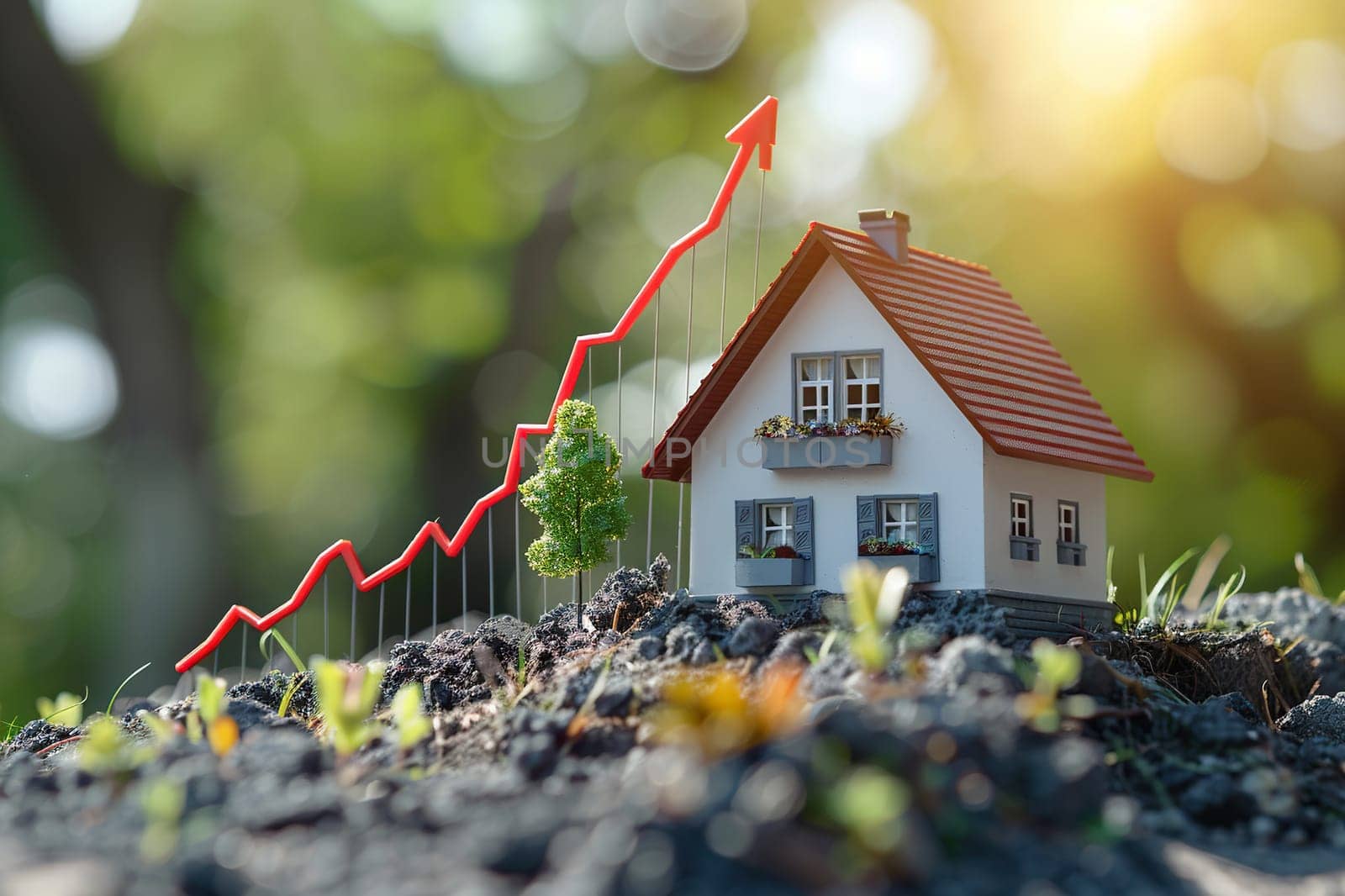 Real estate market. Model of a house and a red arrow going up. Stacks of gold coins. Blurred background.