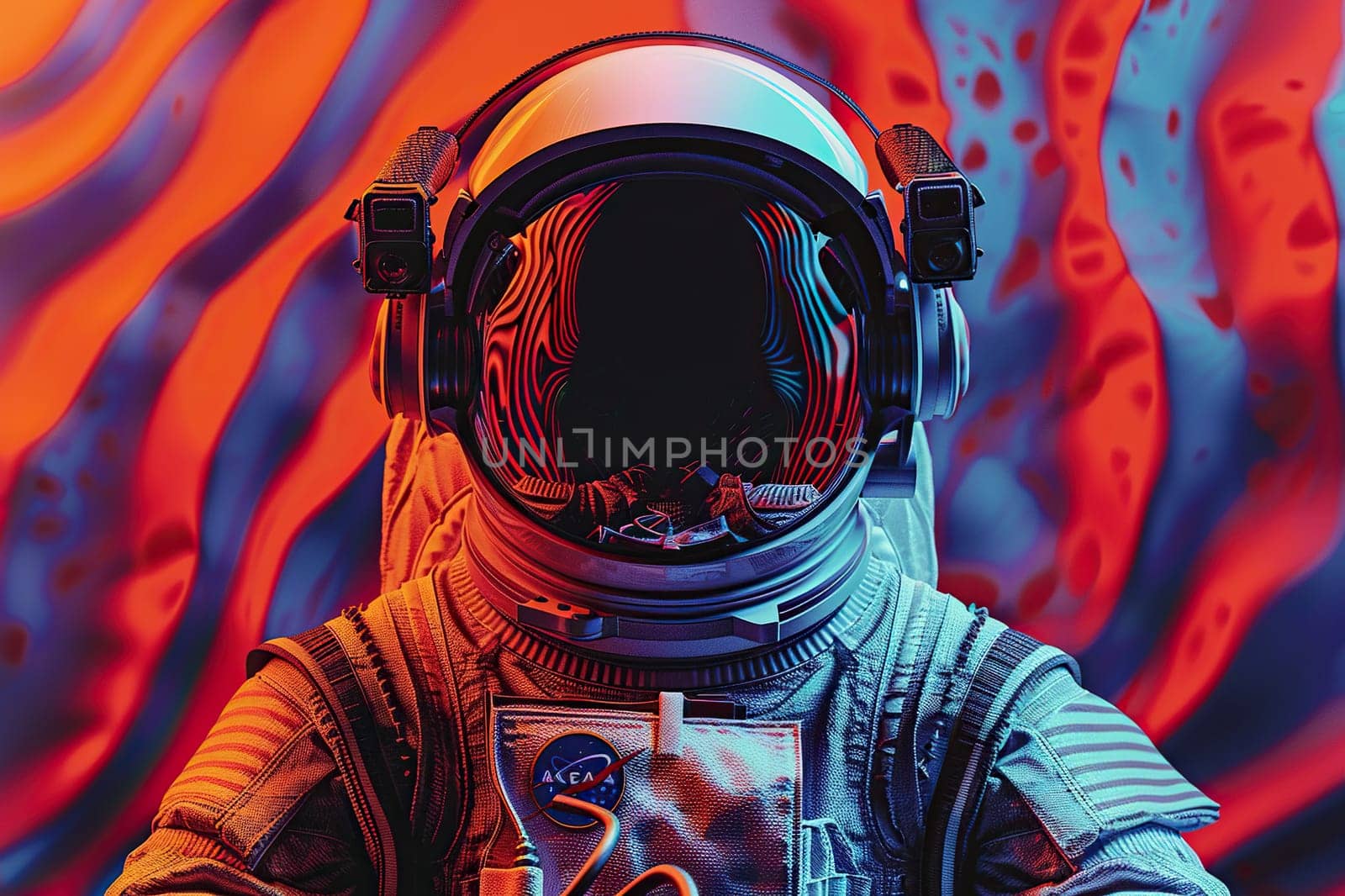 Color image of an astronaut in a striped spacesuit and huge headphones, retro lines effect.