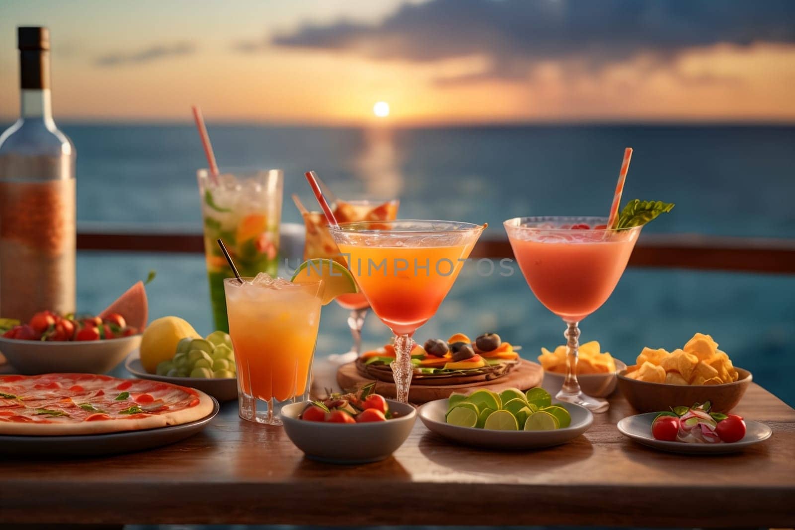 cold cocktails on the table and snacks, on the seashore in the evening .