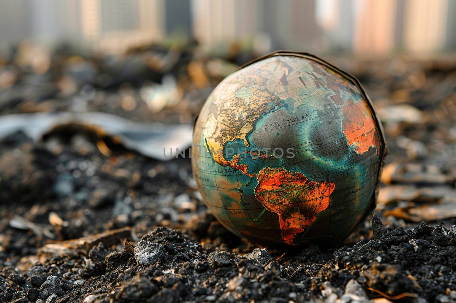 Model of the globe on the destroyed surface of the earth. World crisis concept.