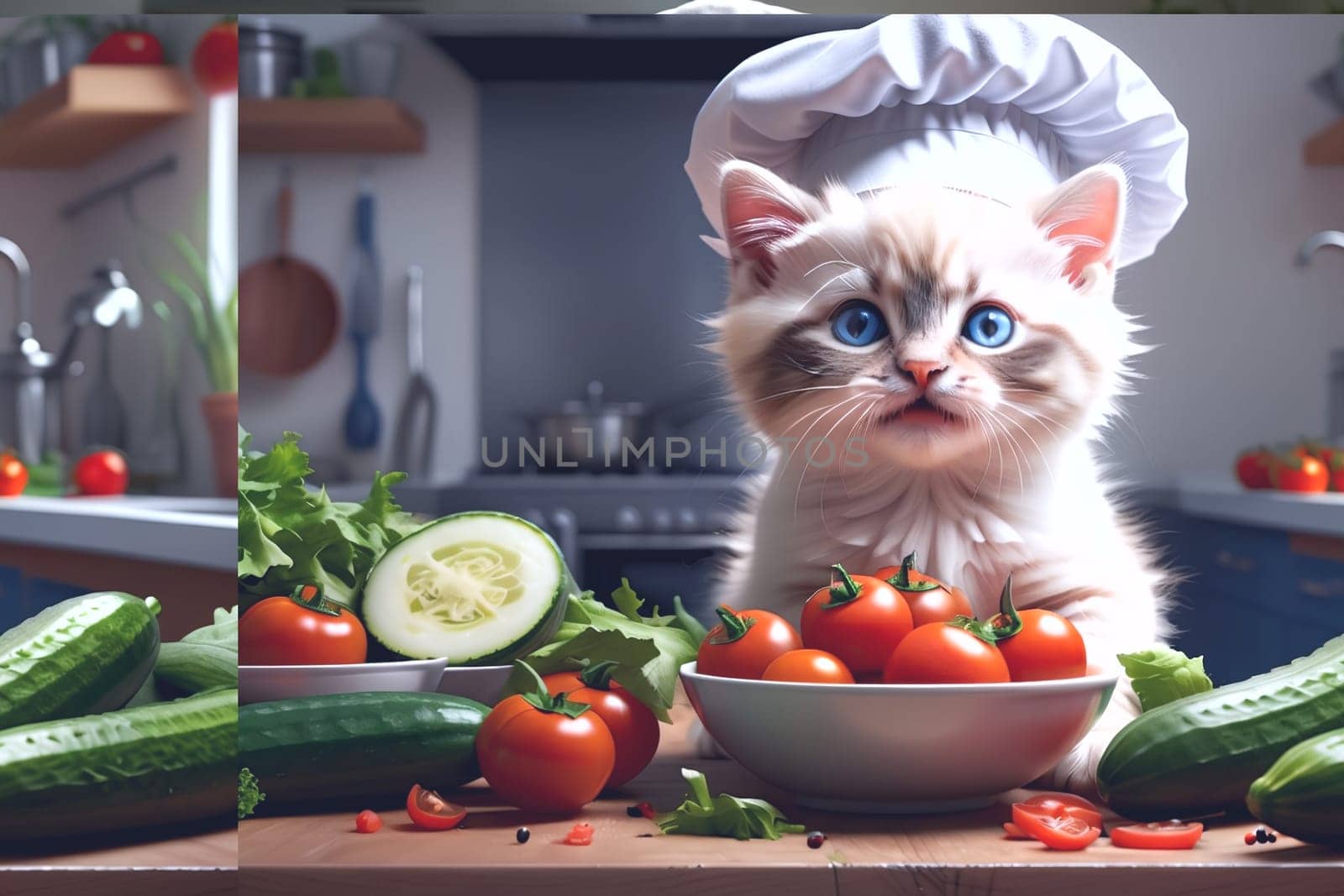 Cute cat chef preparing fresh vegetable salad in the kitchen .