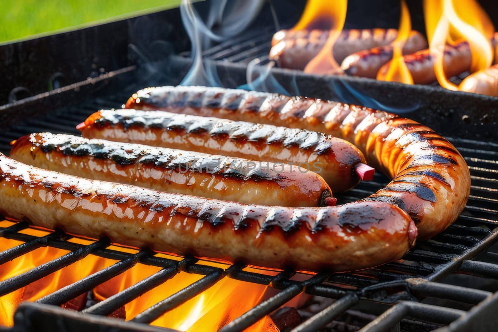 Grilled juicy sausages on grill with fire and shallow depth of field.