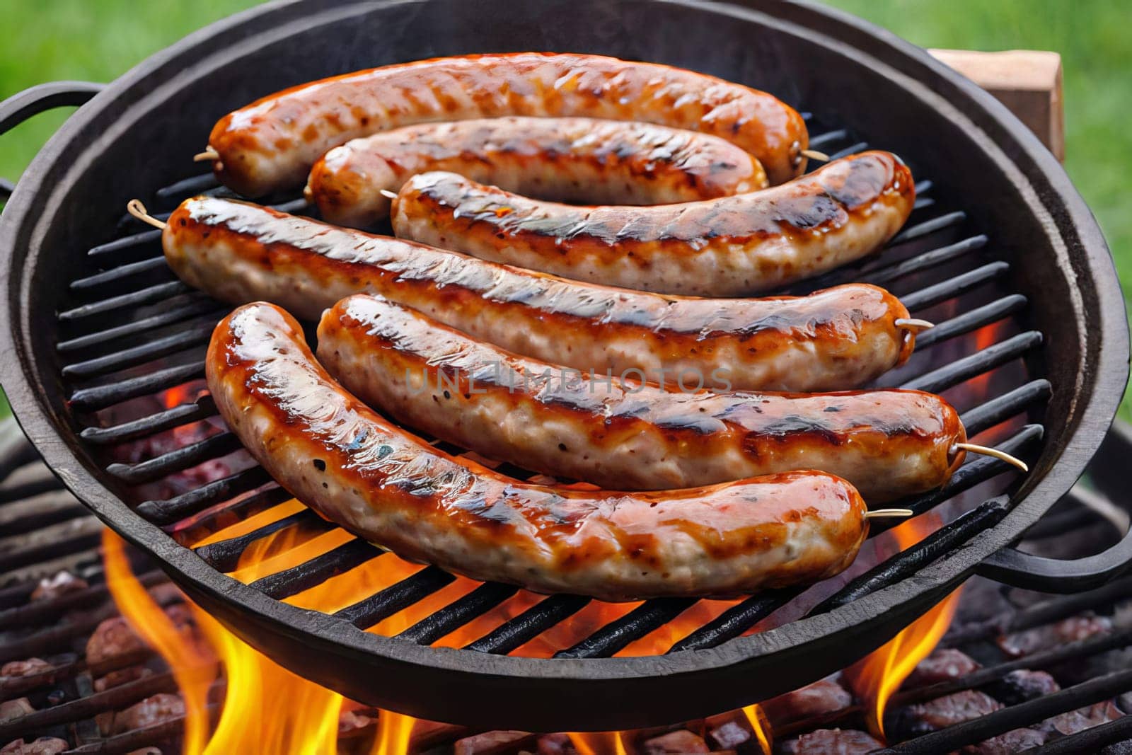 Grilled juicy sausages on grill with fire and shallow depth of field.