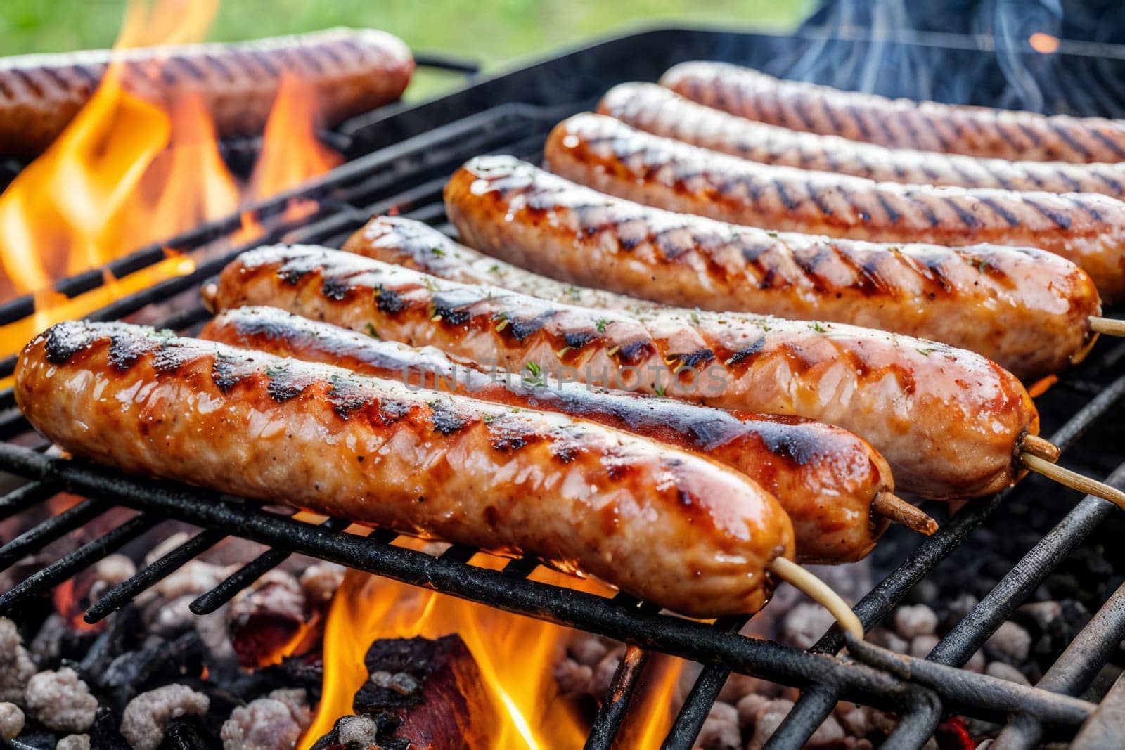 Close-up of delicious grilled sausages on a barbecue grill with flames in the background, showcasing the juicy and appetizing look of the food. Shallow depth of field for added visual impact