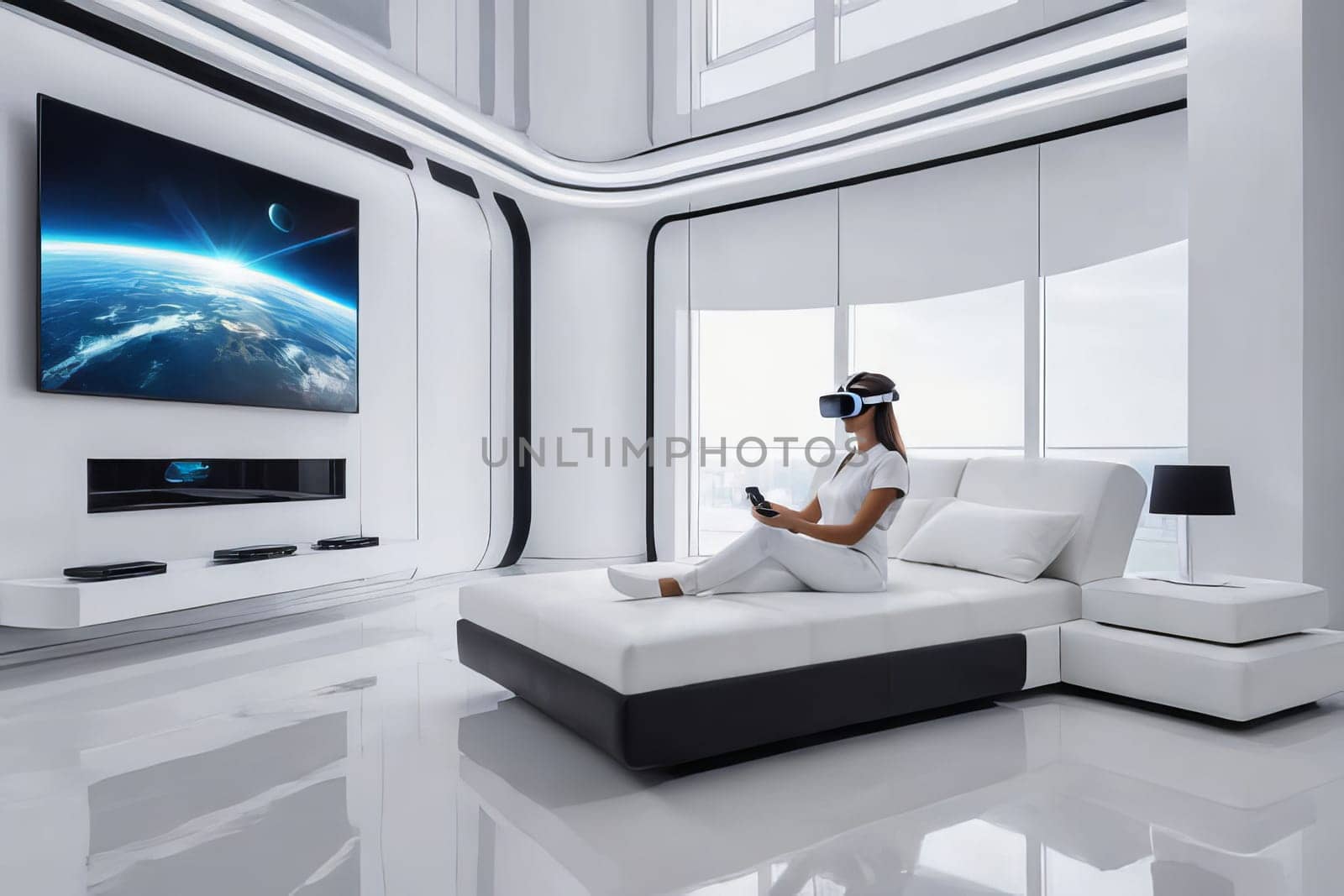 Step into a futuristic virtual reality encounter within a modern white interior, where innovation and style converge seamlessly