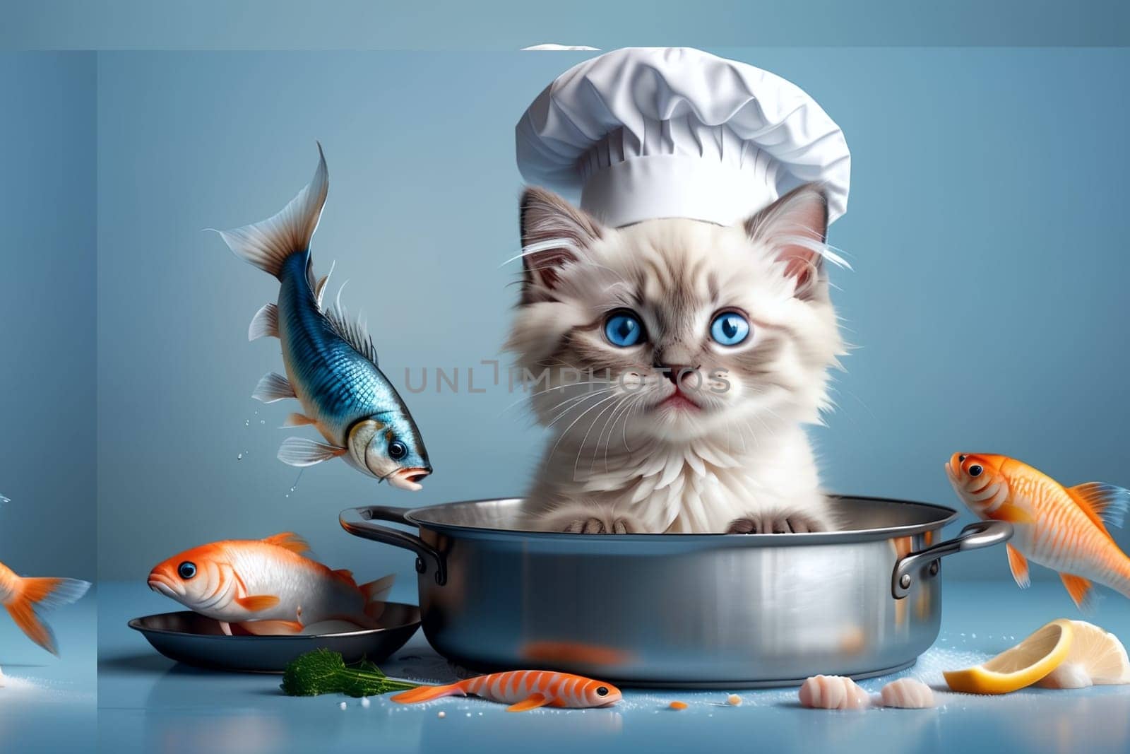 Cute cat chef preparing fish in the kitchen .