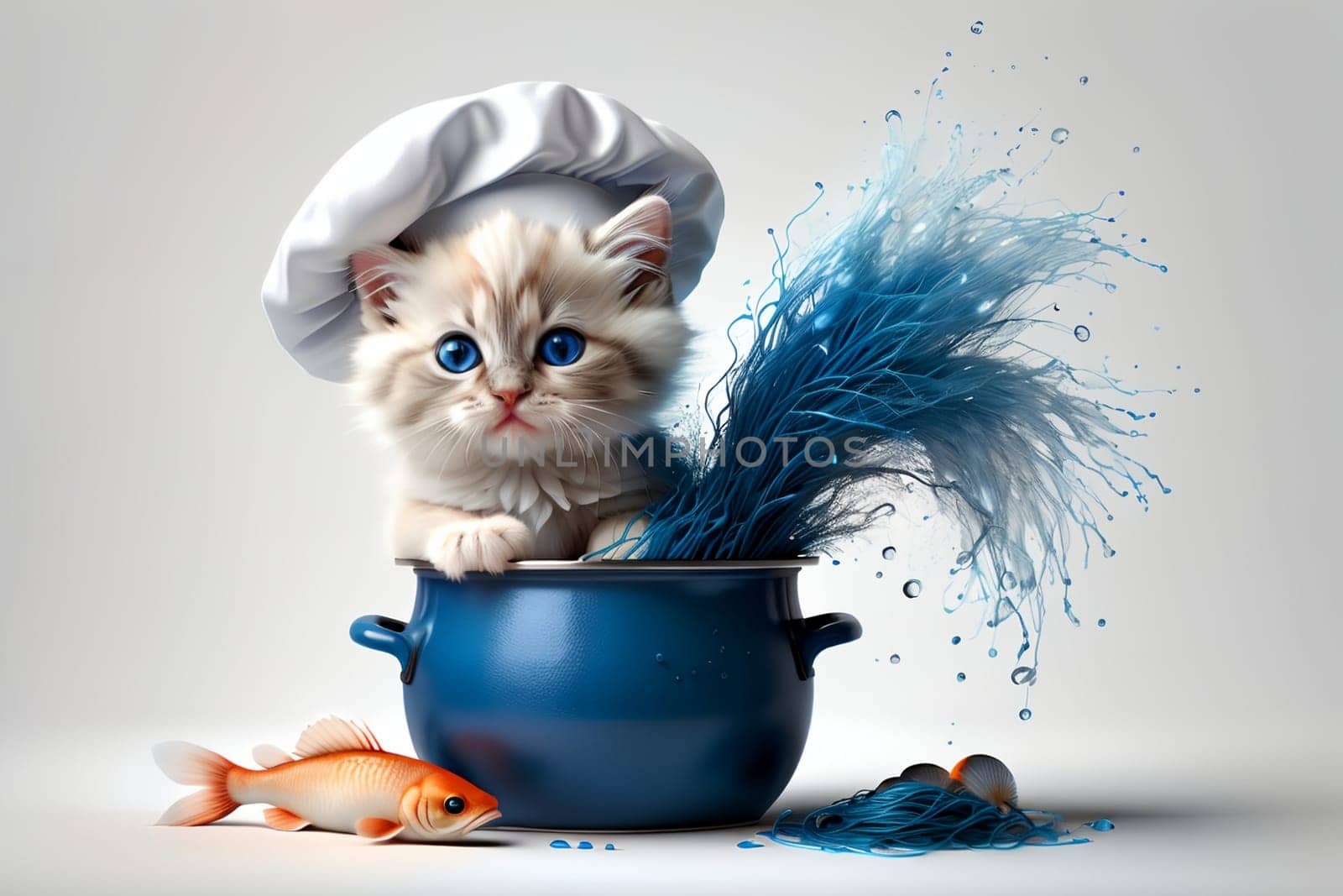 Cute cat chef preparing fish in the kitchen .