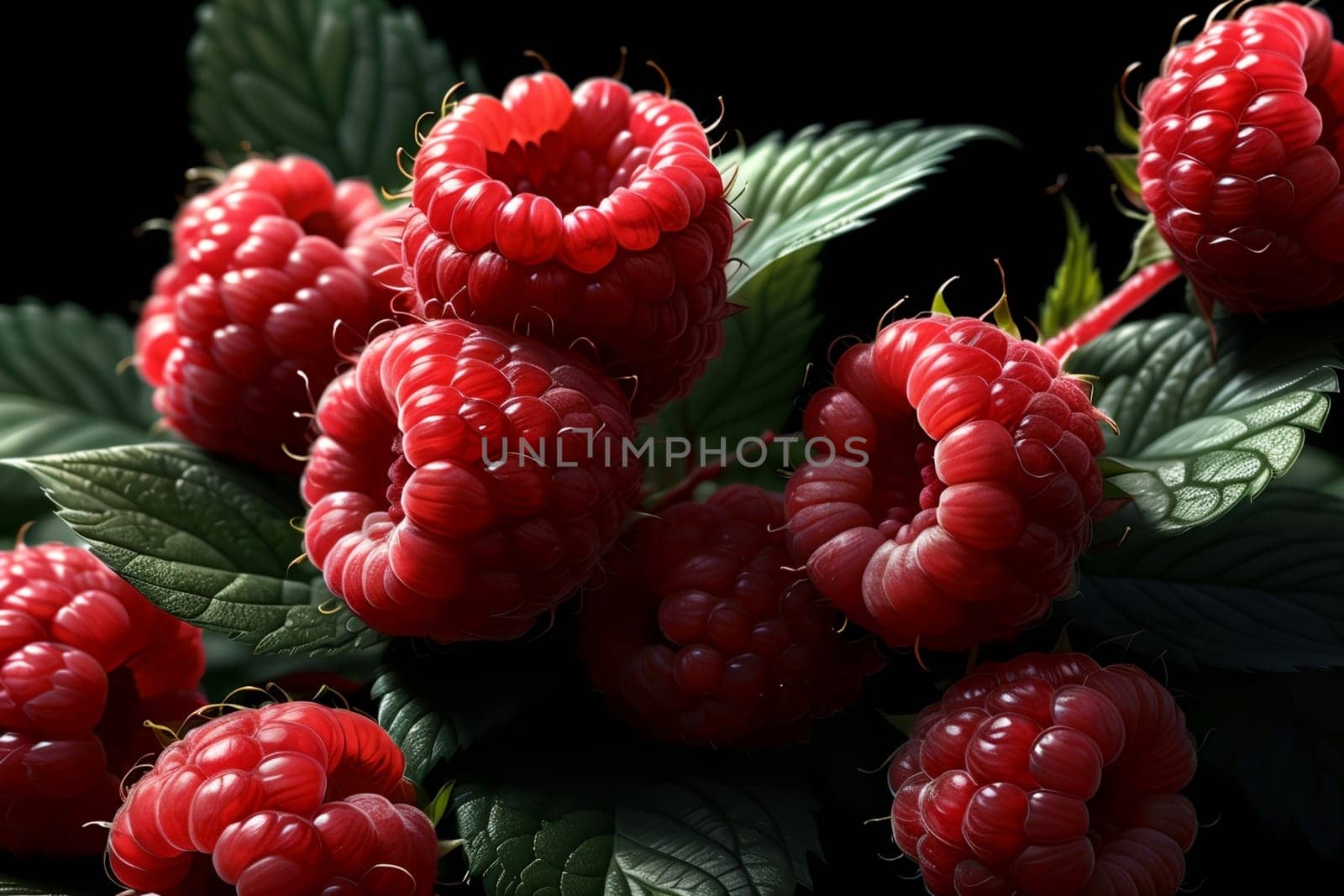 ripe raspberries with leaves isolated on a black background.