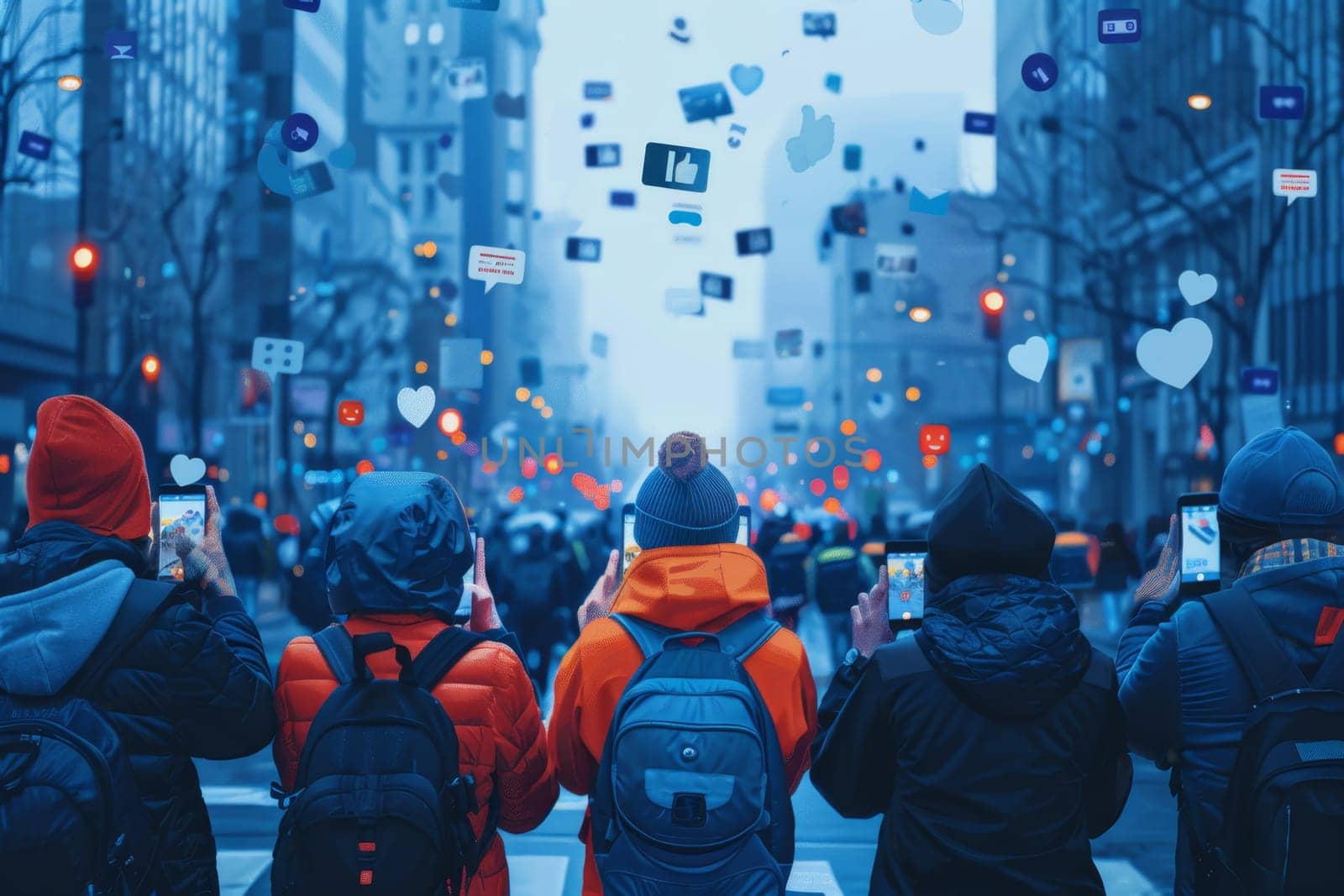 A crowd of people watching live streaming from smartphones on a city street.