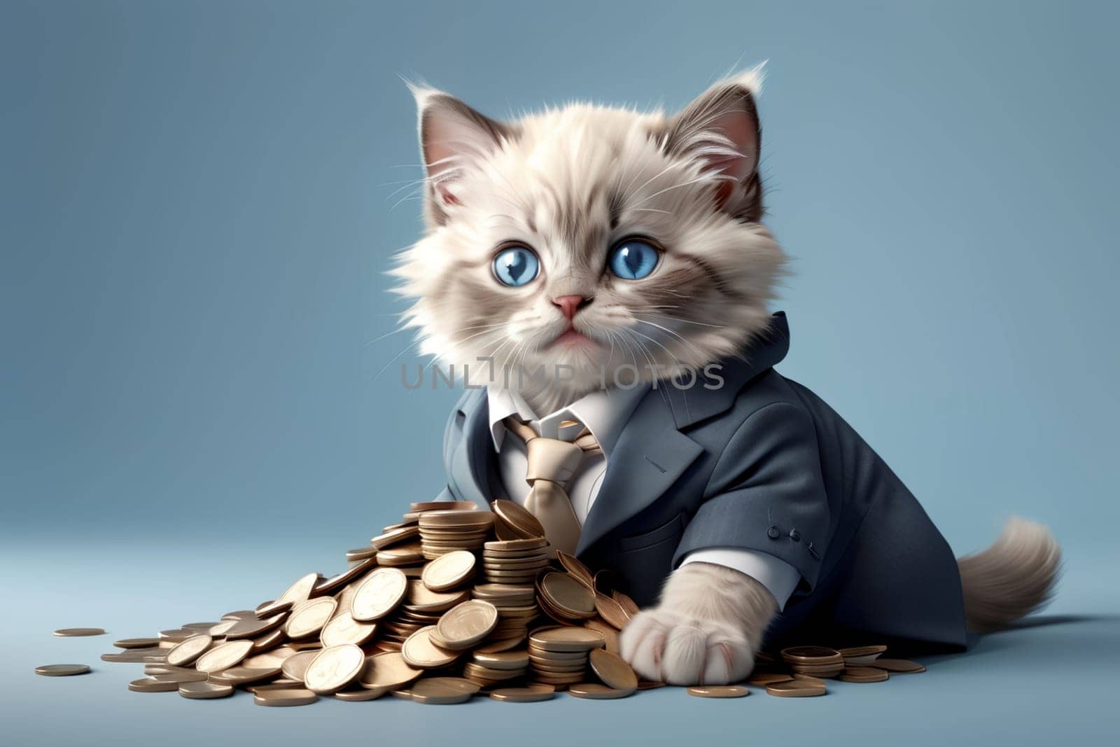 cute cat in a suit with a bag of coins .