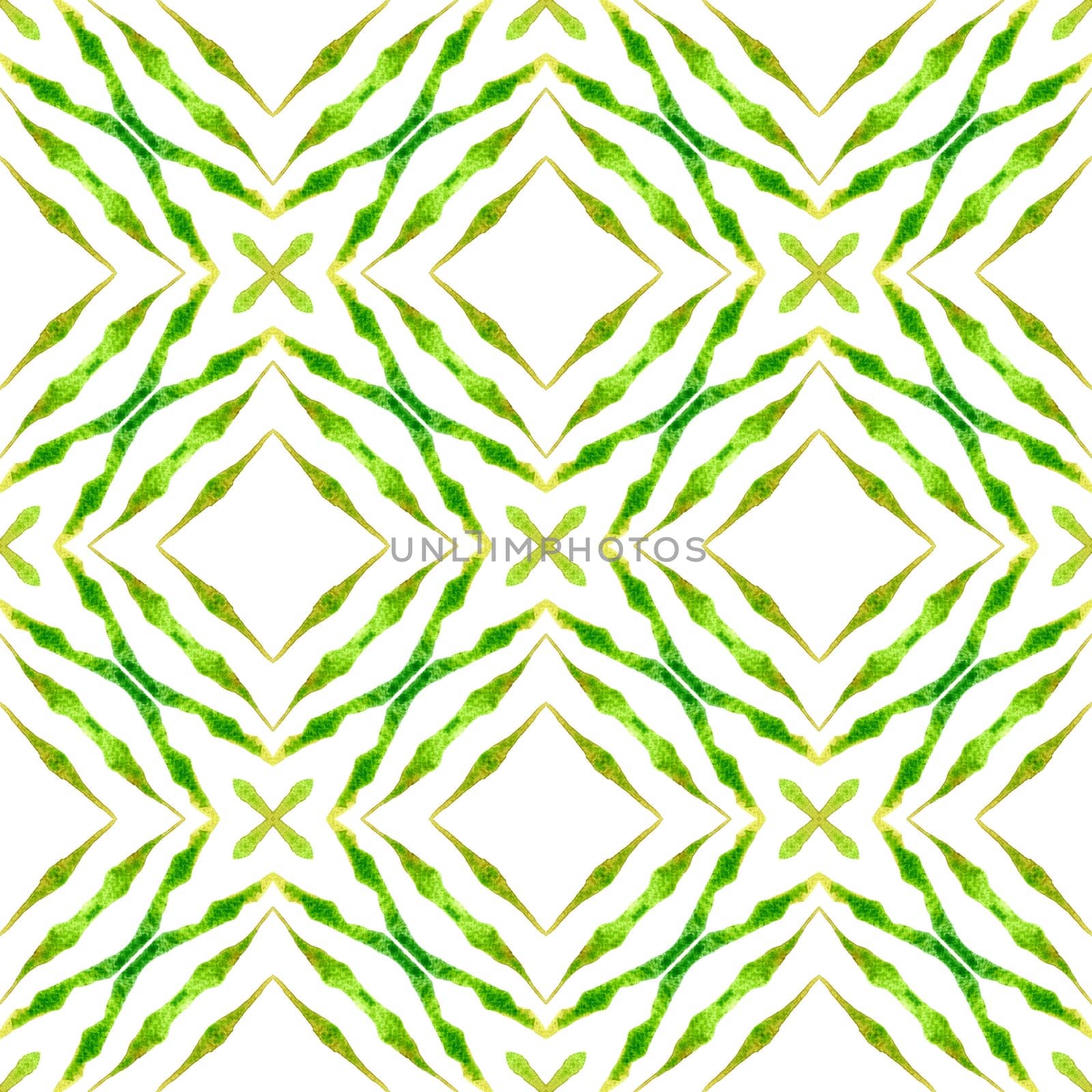 Textile ready juicy print, swimwear fabric, wallpaper, wrapping. Green overwhelming boho chic summer design. Green geometric chevron watercolor border. Chevron watercolor pattern.