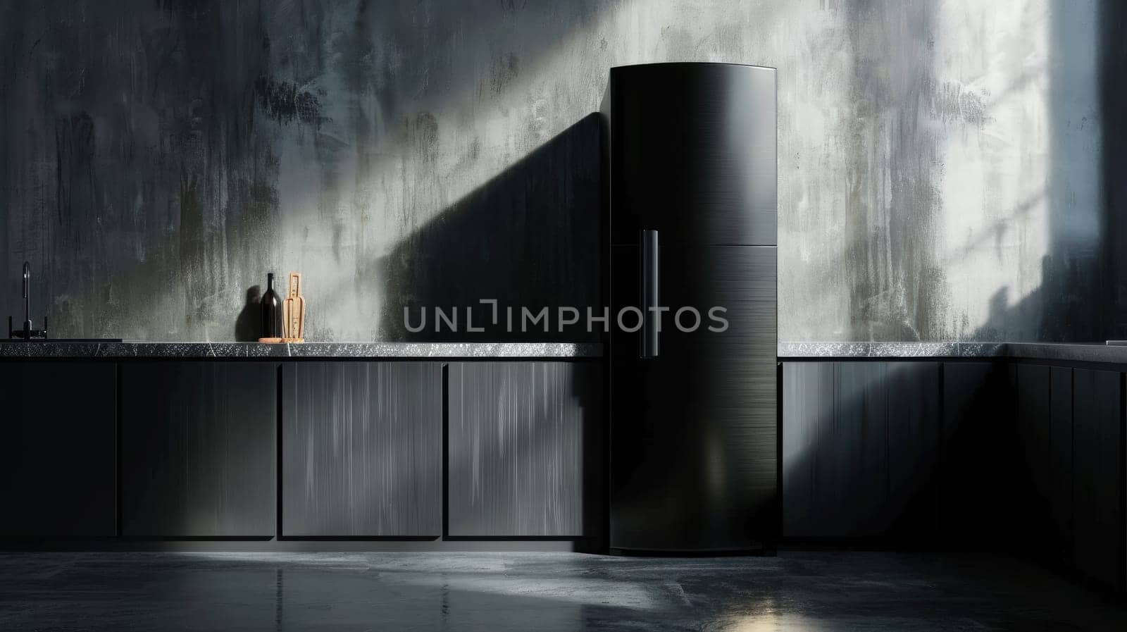 Modern Industrial Kitchen with Black Refrigerator and Concrete Wall