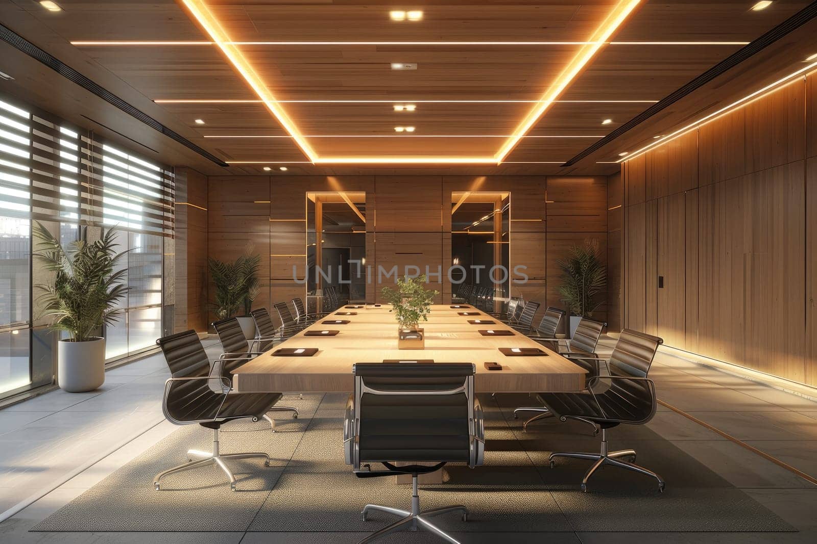 Interior design of a modern, minimal meeting room