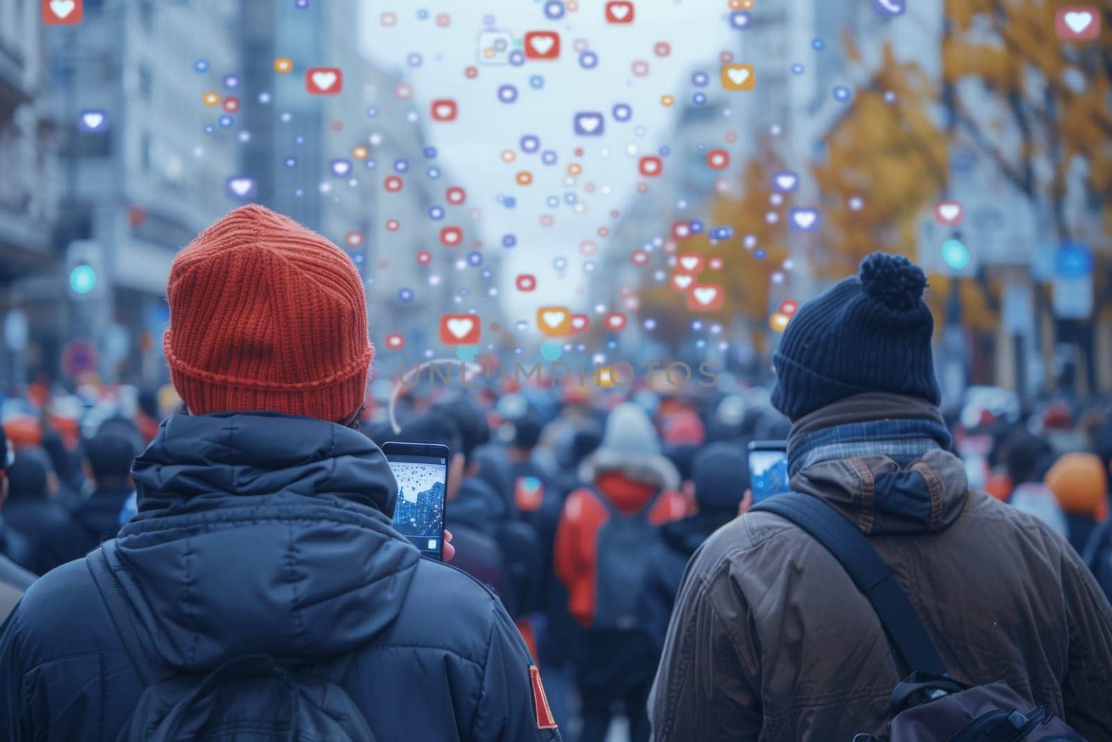 A crowd of people watching live streaming from smartphones on a city street.