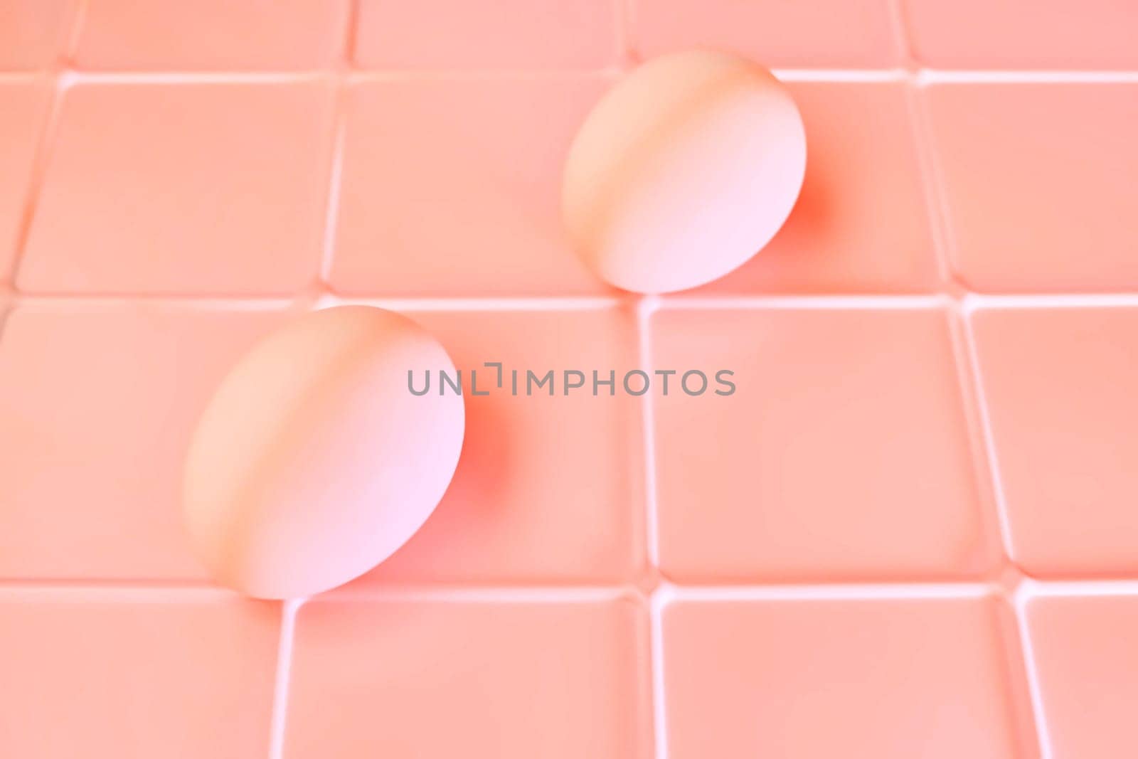 Two chicken bird eggs on a pink plastic checkered shelf in the fridge by jovani68