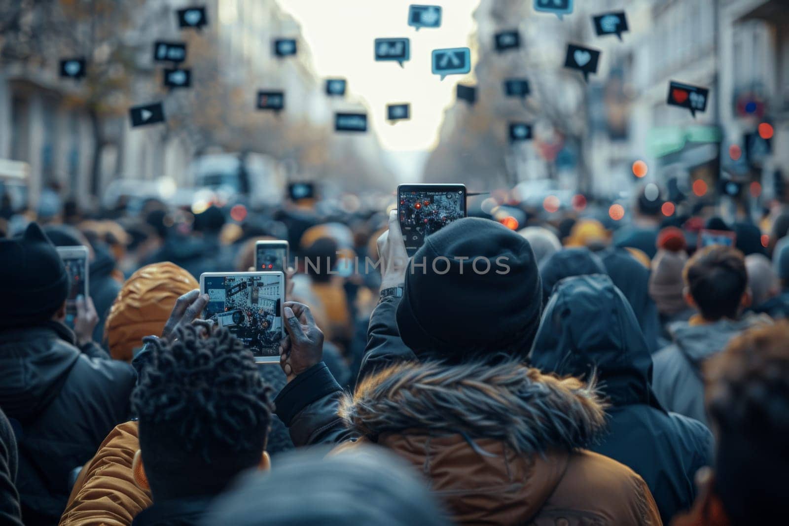 A crowd of people watching live streaming from smartphones on a city street.