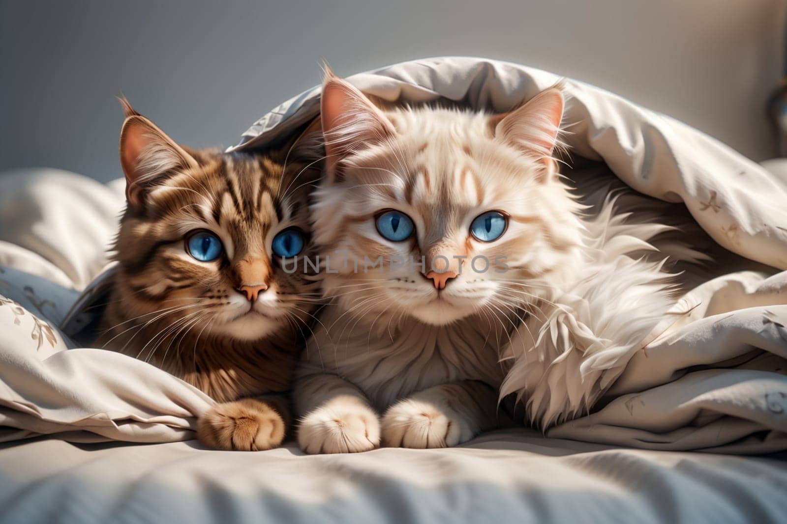 two cats in love lie in bed under a blanket .