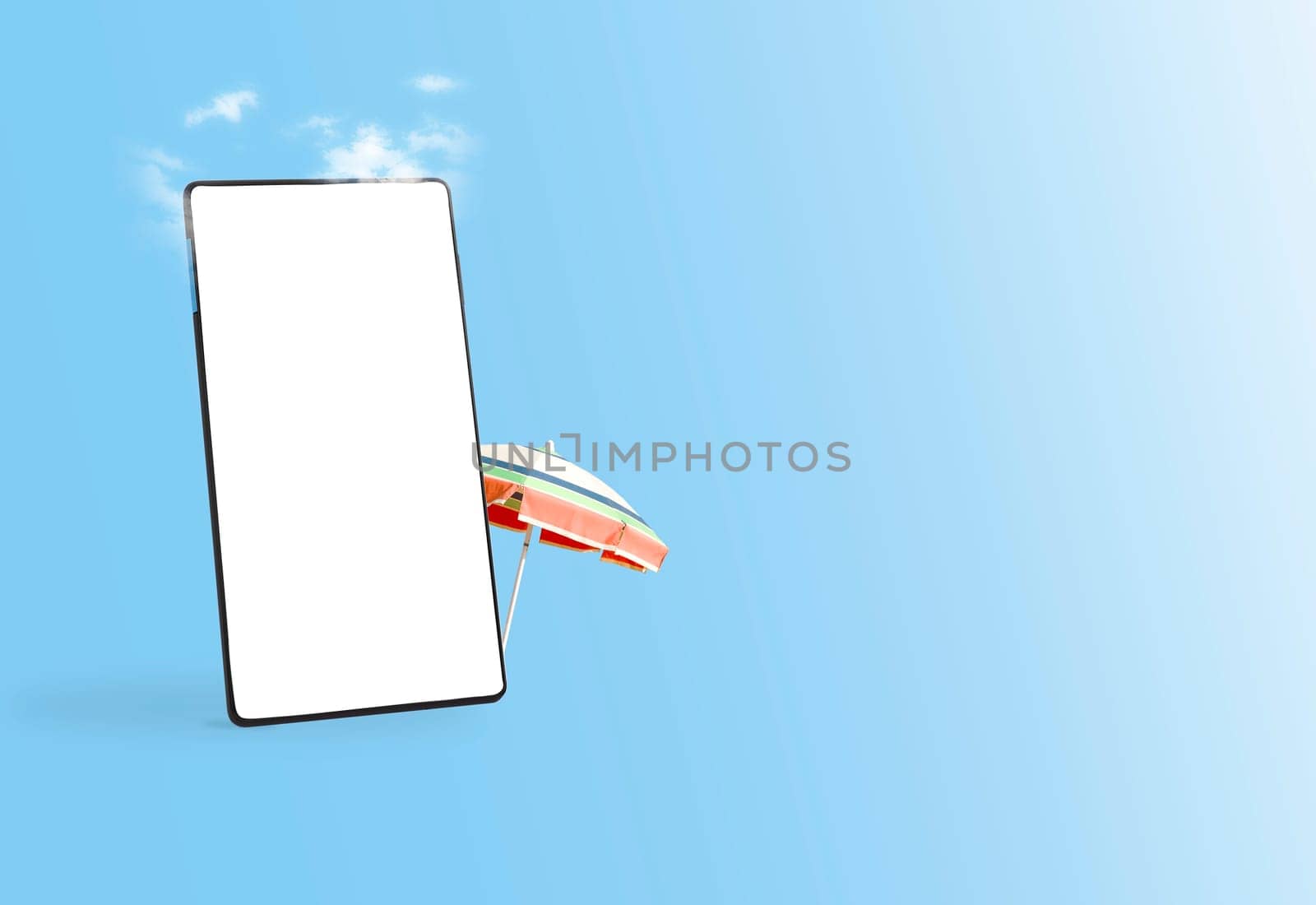 Mobile phone screen with beach umbrella and clouds on blue background.